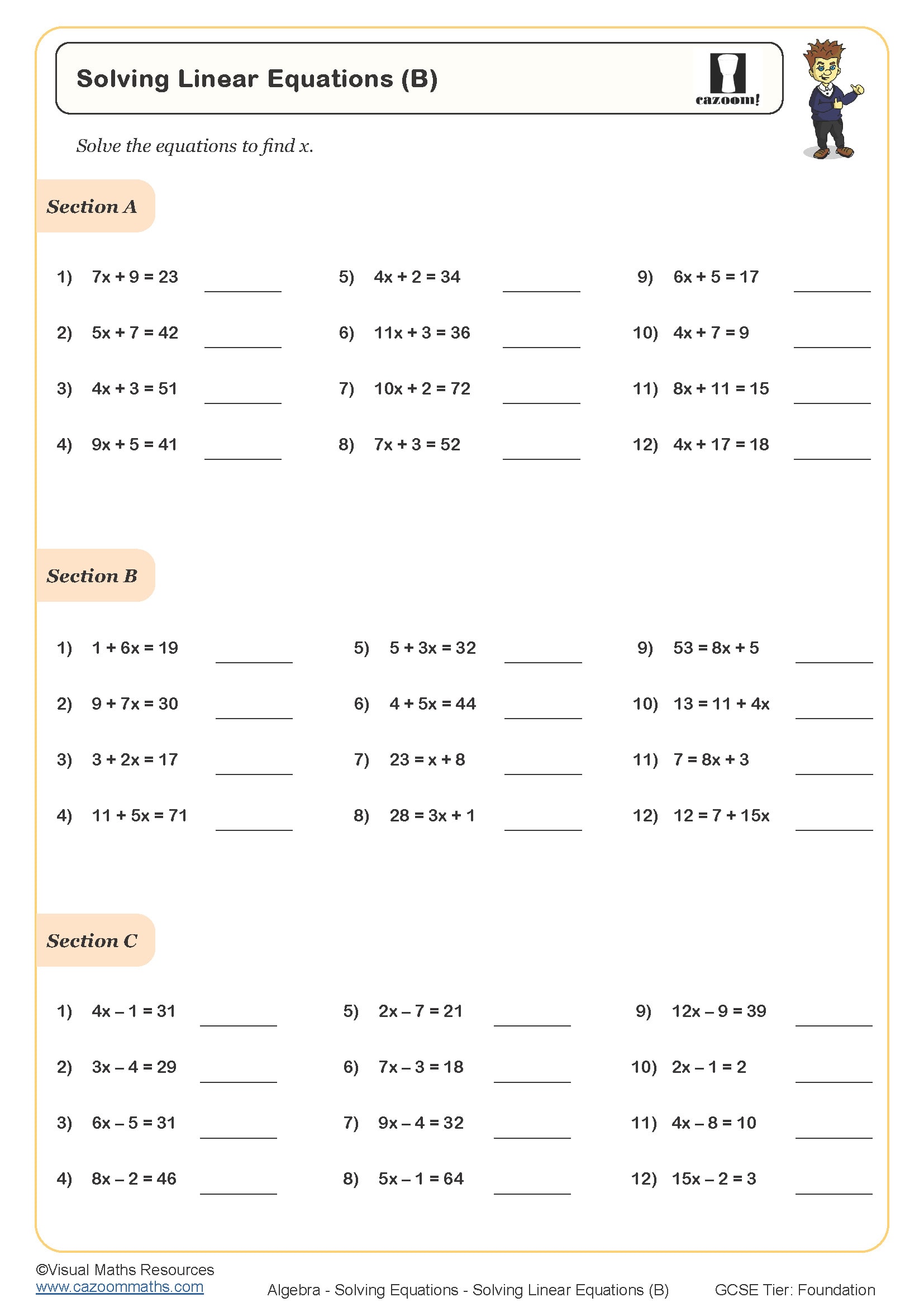 23th Grade Math Worksheets PDF  Printable Worksheets For Solving Linear Equations Worksheet Pdf