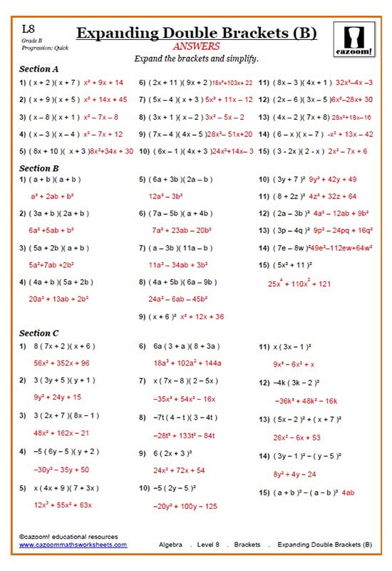 Expanding Brackets Worksheets Common Core Worksheets