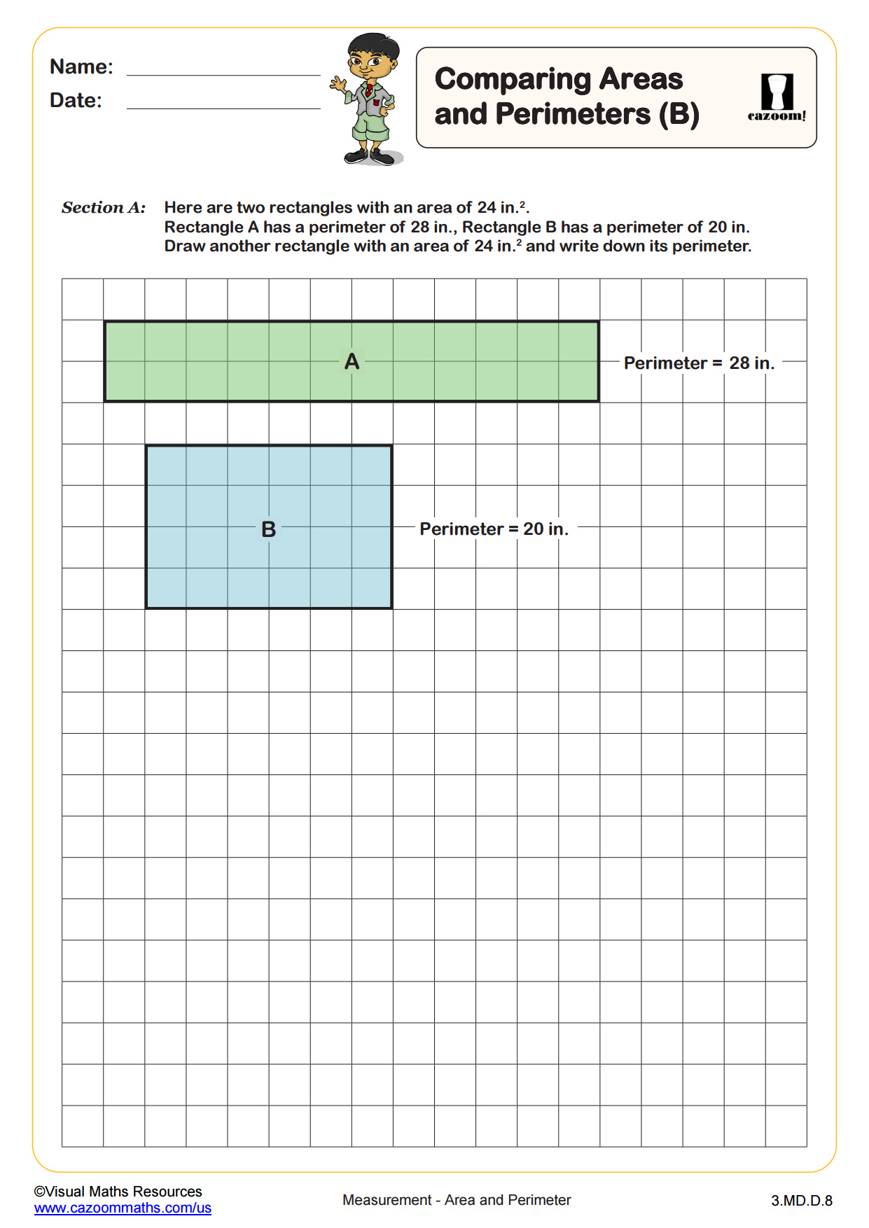 Comparing Areas and Perimeters Worksheet suitable for students in 3rd Grade