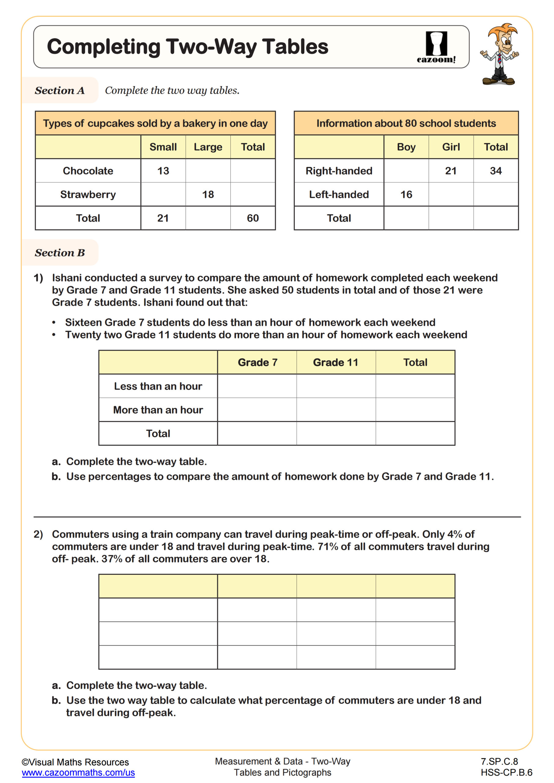 Completing Two Way Tables Worksheet Completing Two-Way Tables Worksheet suitable for students in 7th Grade