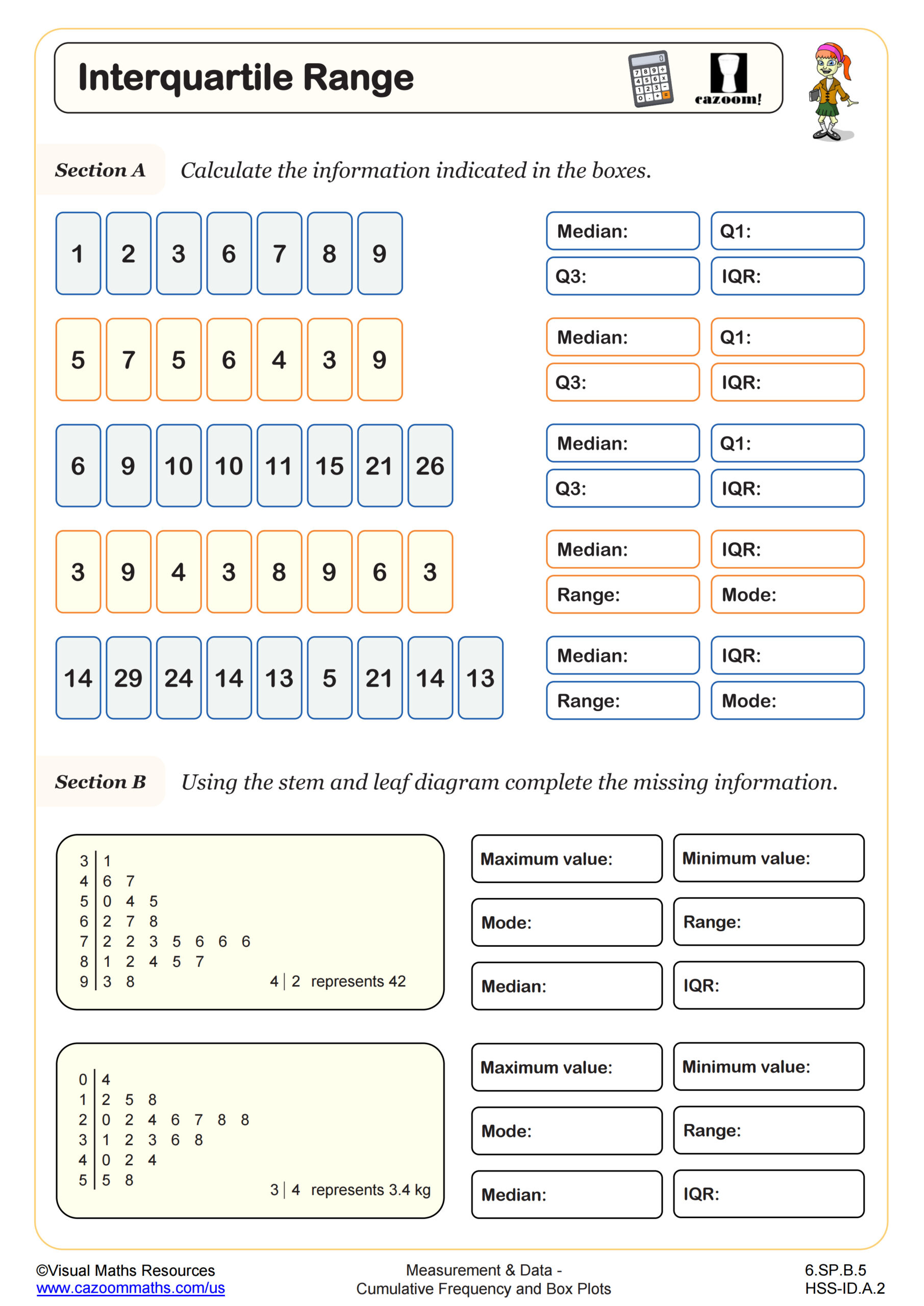 Interquartile Range Worksheet suitable for students in 6th Grade