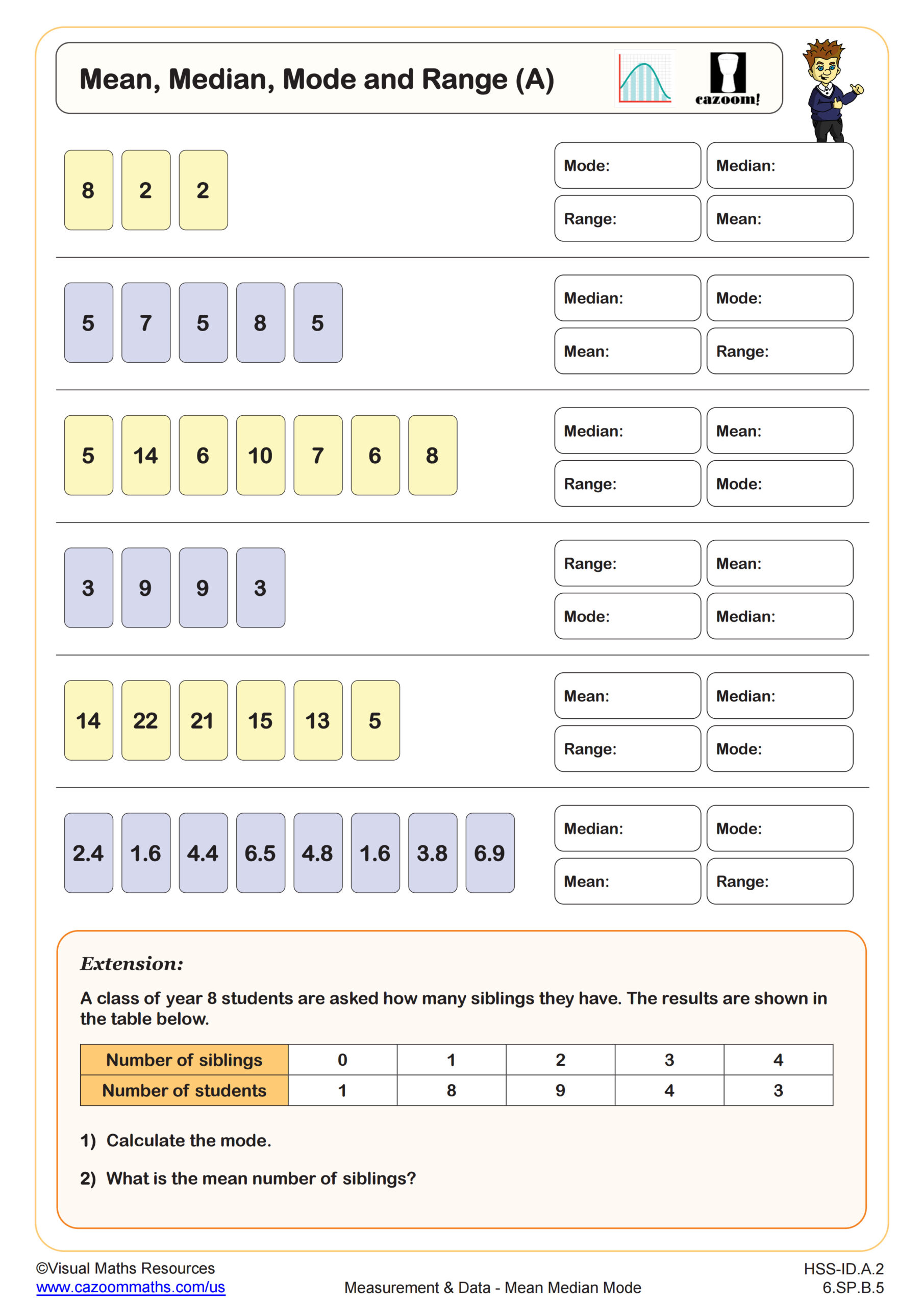 Preview of Mean, Median, Mode and Range (A)