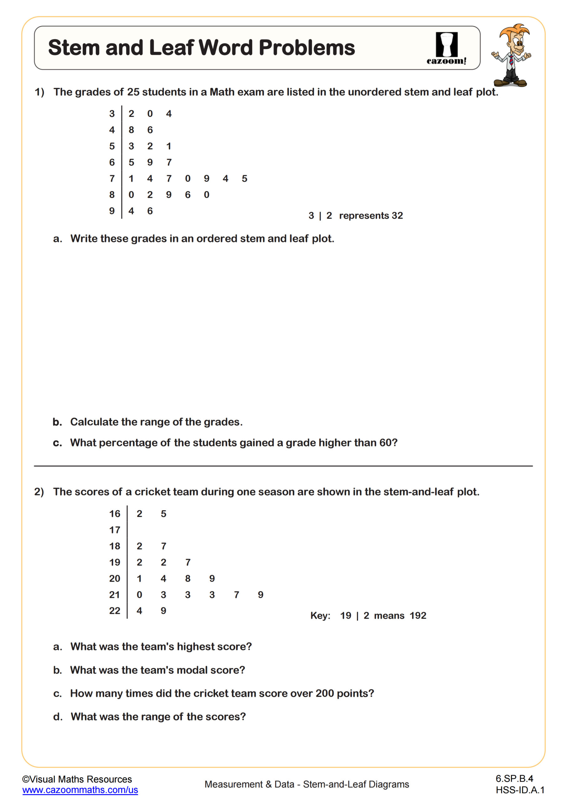 Stem and Leaf Word Problems Worksheet suitable for students in 6th Grade