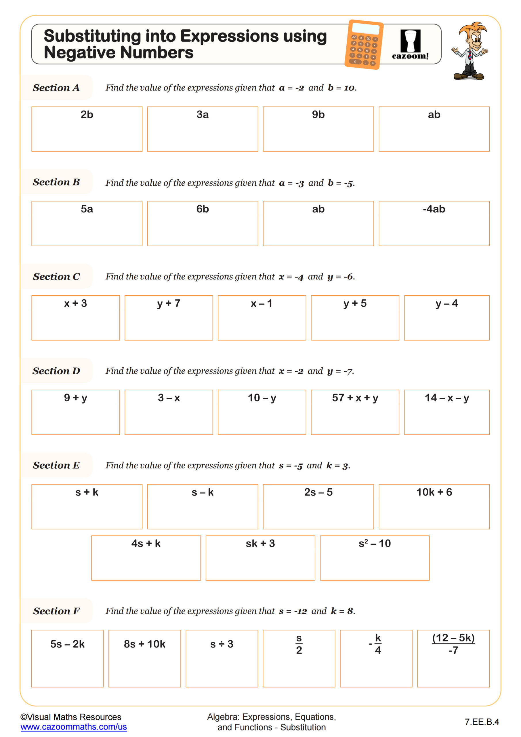 Substituting Into Expressions Using Negative Numbers Worksheet Scaled