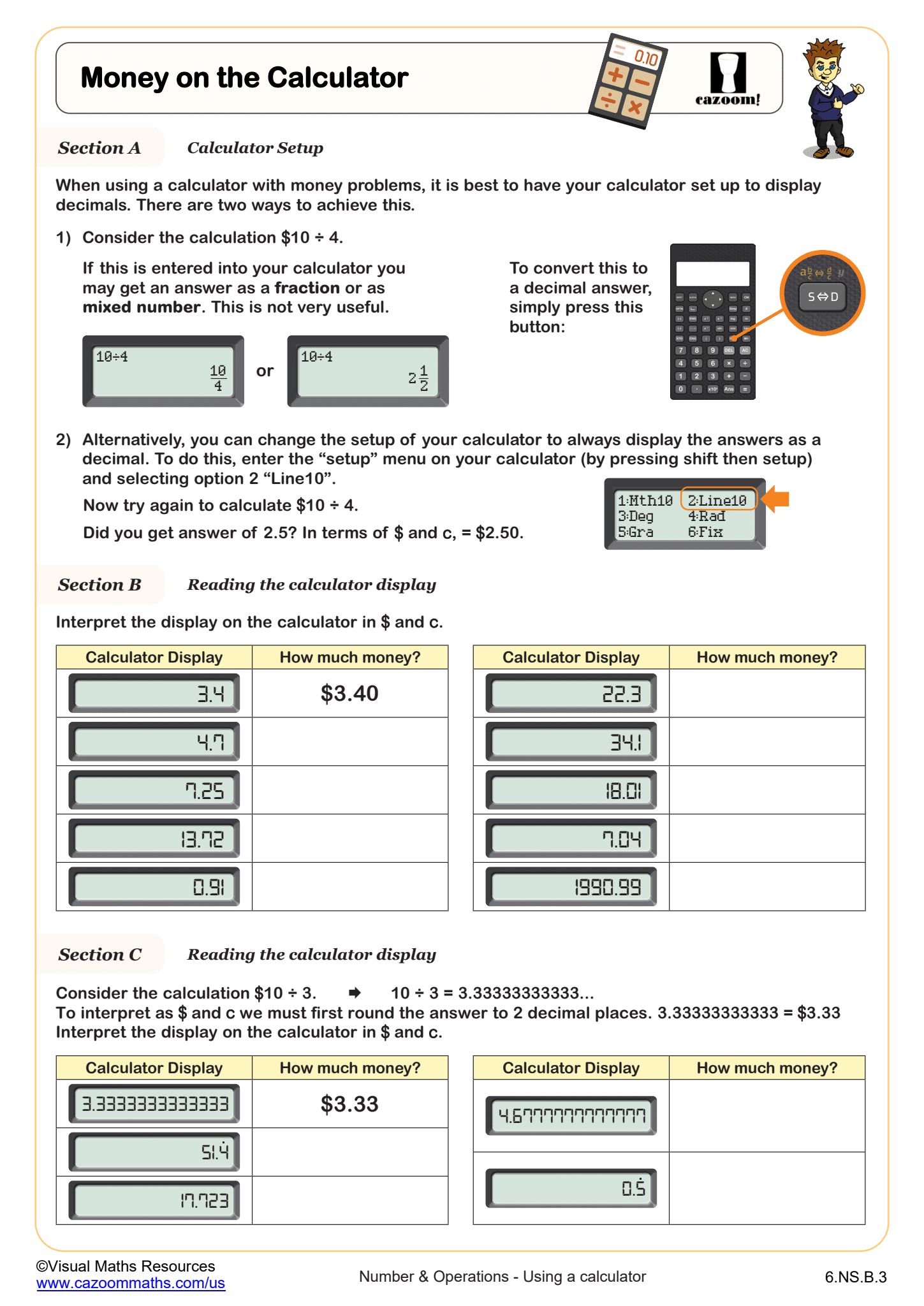 Money on the Calculator Worksheet suitable for 6th Grade students
