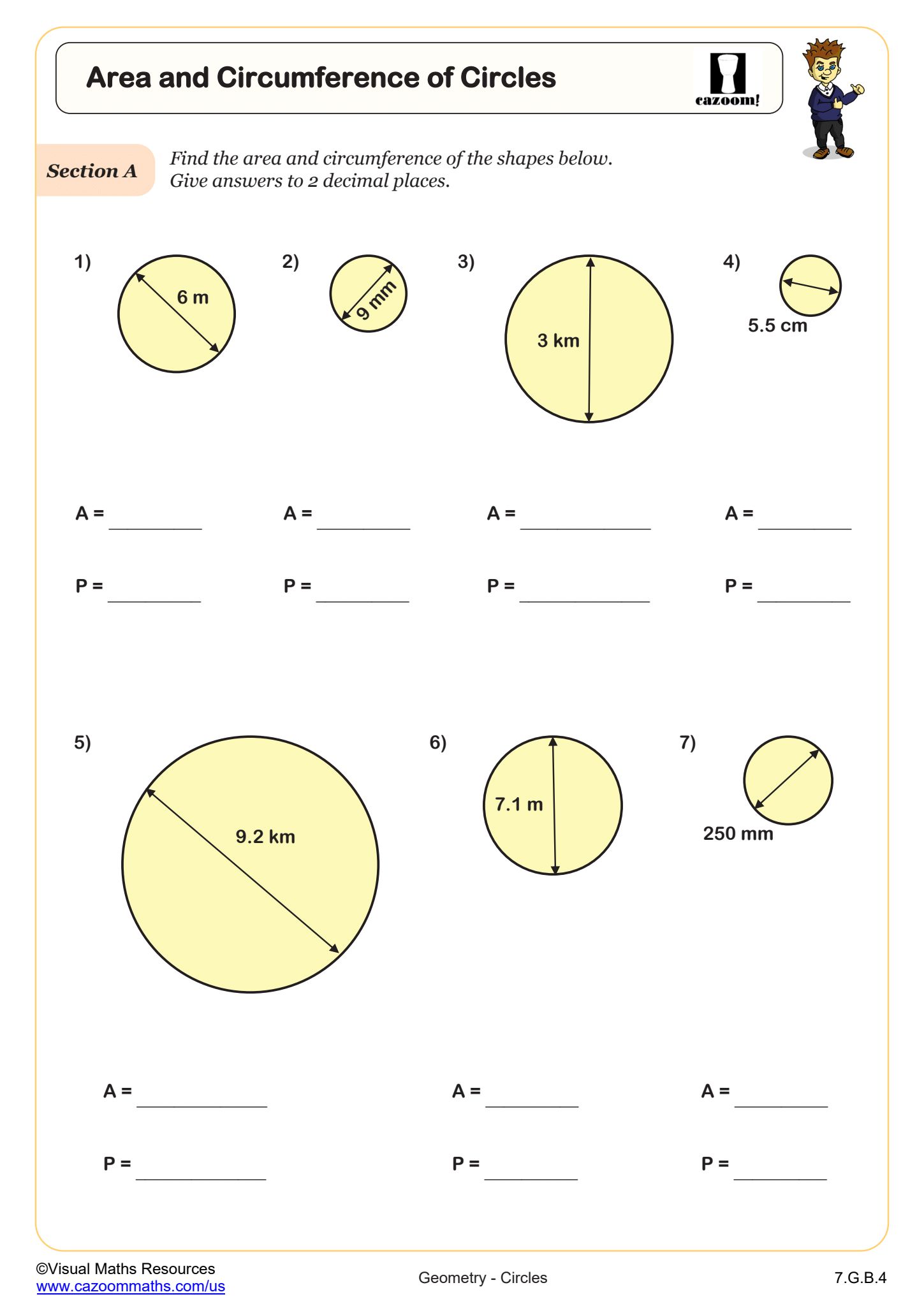Area and Circumference of Circles Worksheet suitable for 7th Grade students