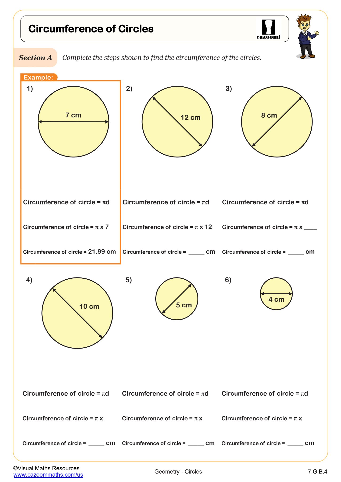 Circumference of Circles Worksheet suitable for students in 7th Grade