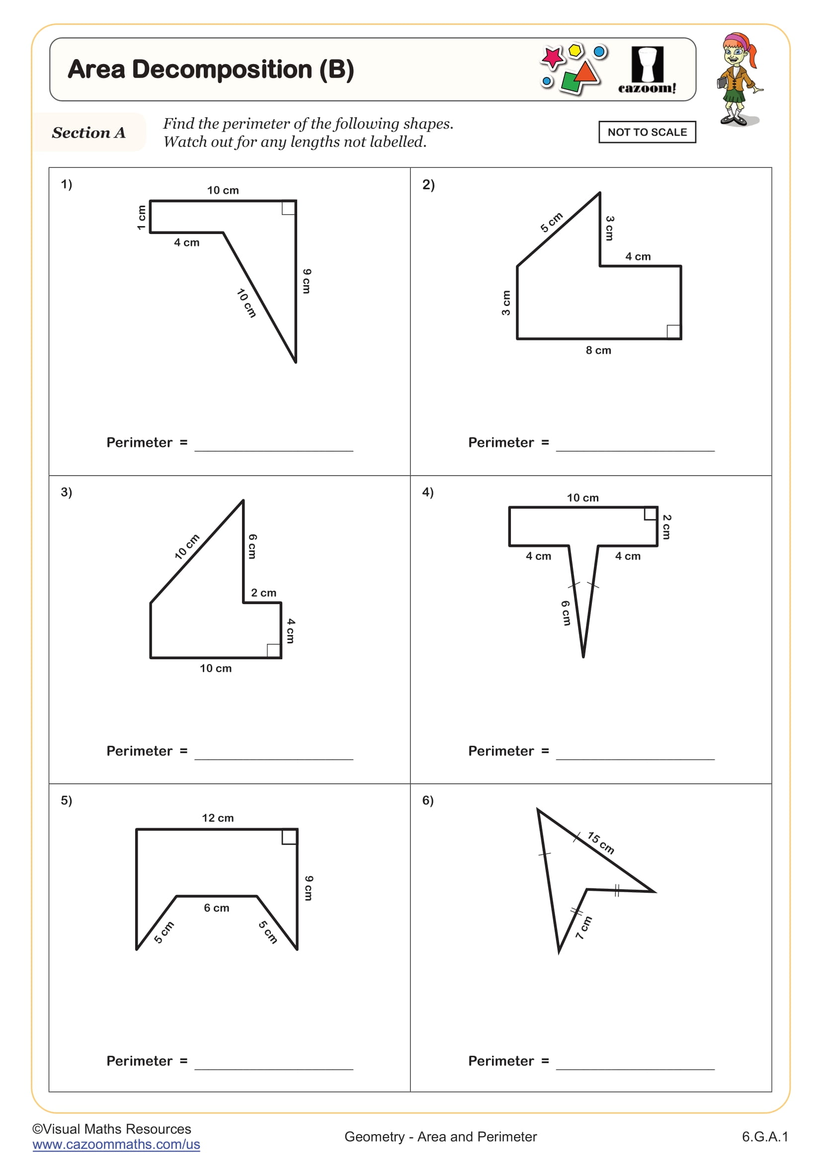 Area Decomposition (B) Worksheet suitable for students in 6th Grade