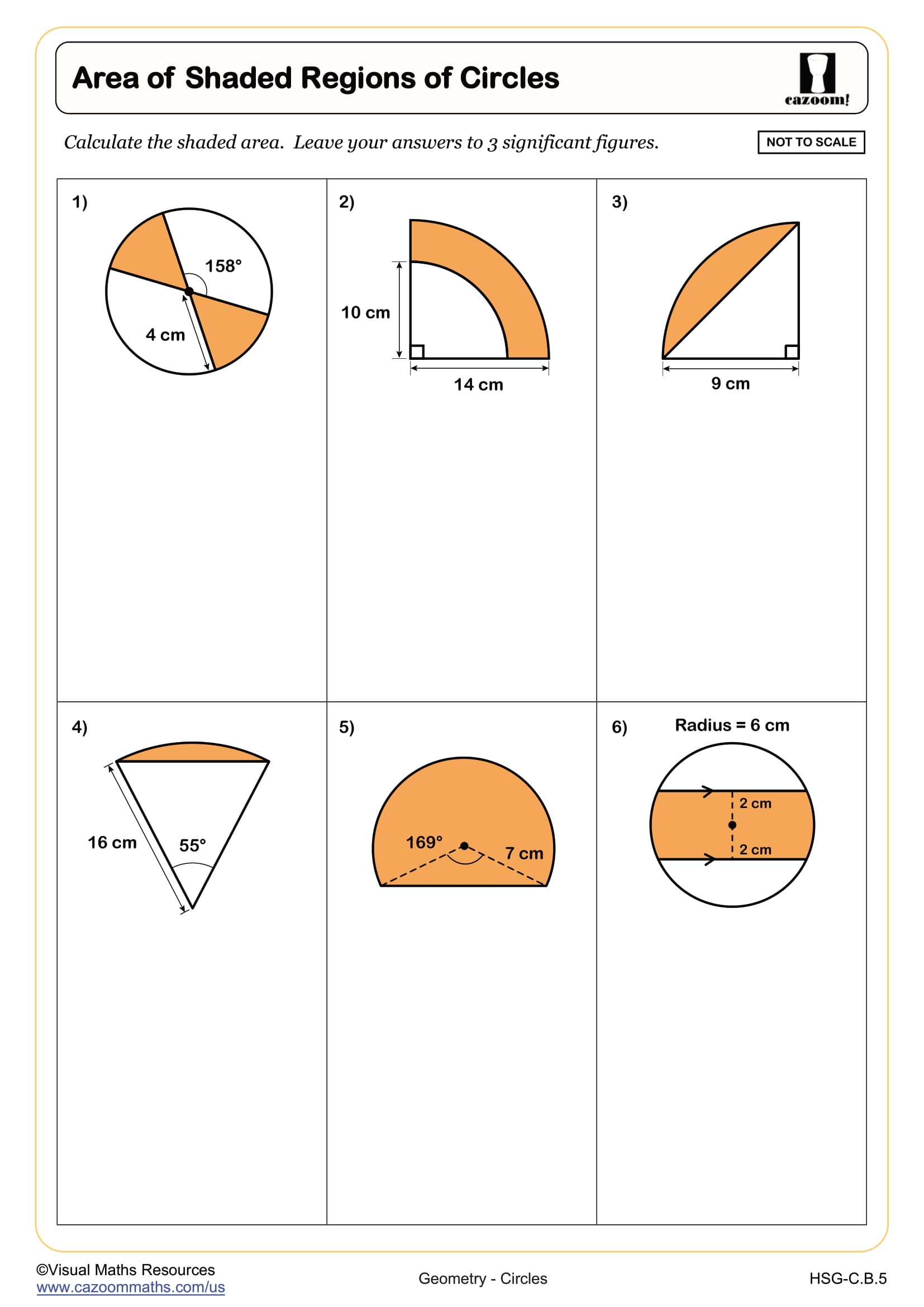 Area of Shaded Regions of Circles Worksheet Suitable for High School Students