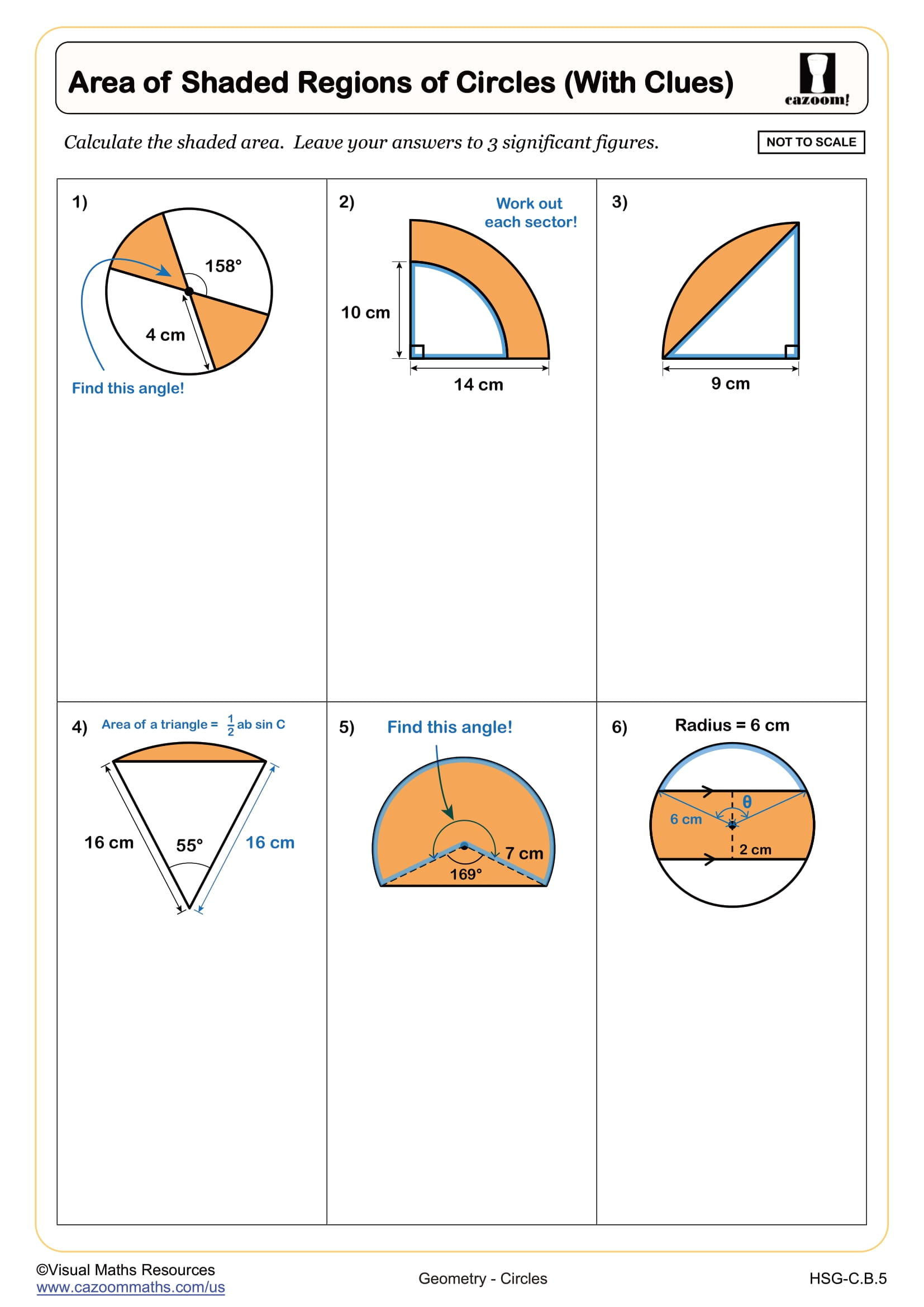 Area of Shaded Regions of Circles (with clues) Worksheet suitable for students learning Geometry