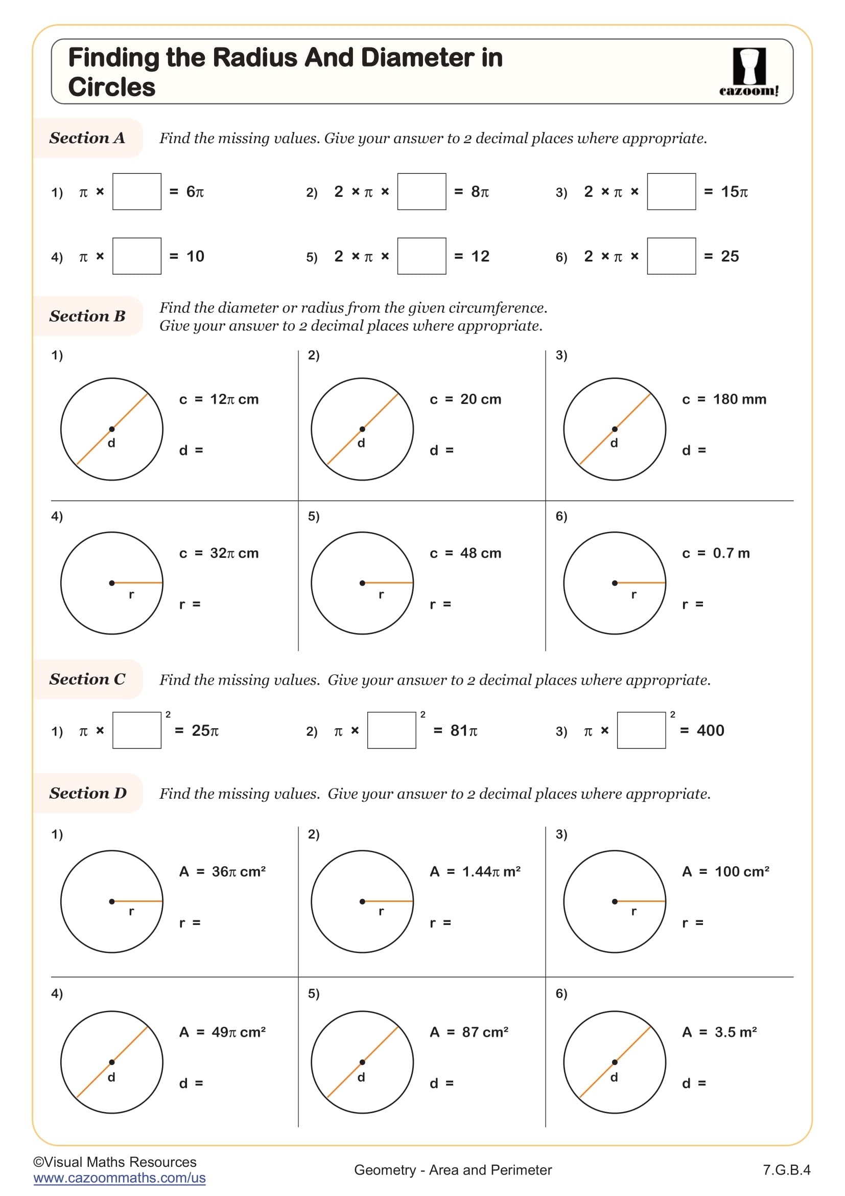 Finding the Radius and Diameter in Circles Worksheet suitable for students in 7th Grade