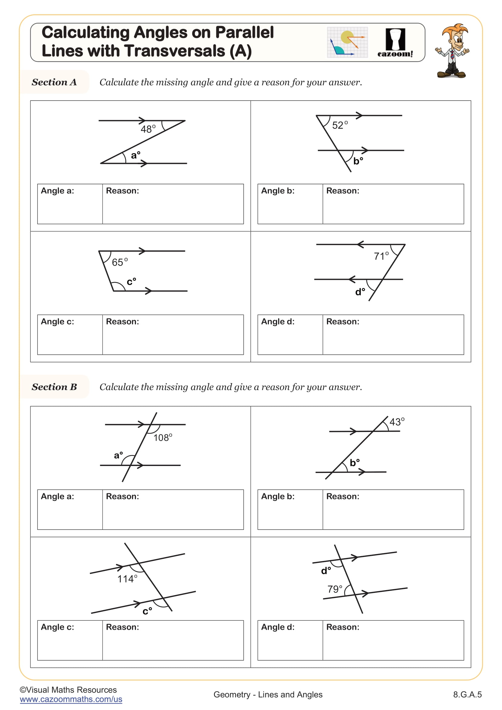 Preview of Calculating Angles on Parallel Lines with Transversals (A)