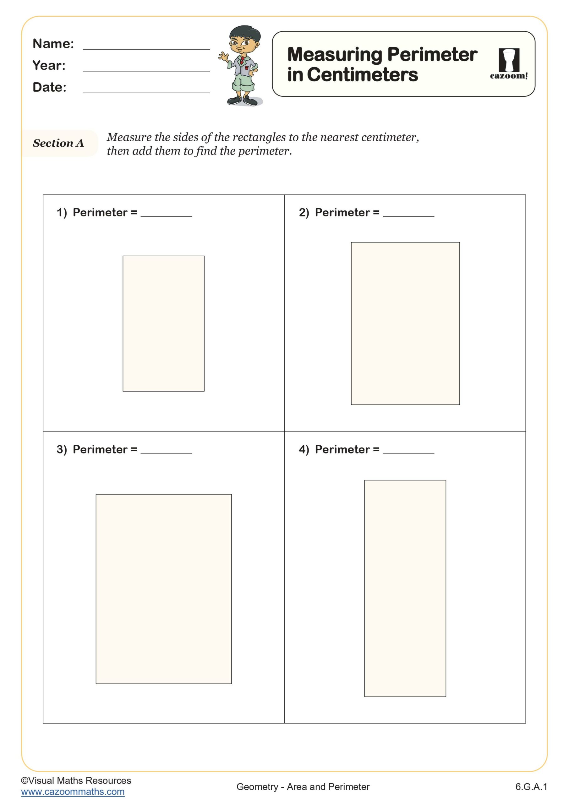 Measuring Perimeter in Centimeters Worksheet suitable for students in 6th Grade