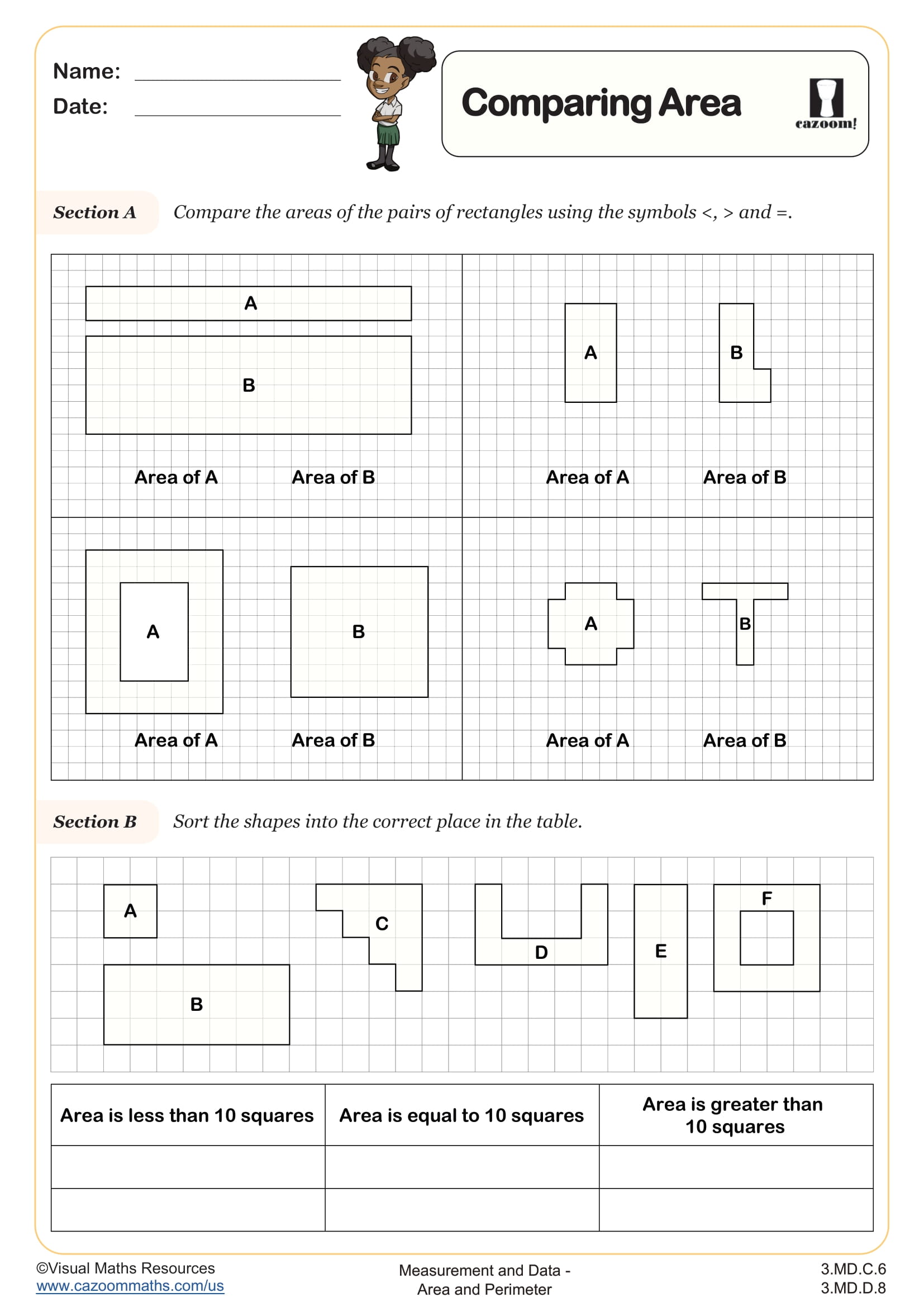 Comparing Area Worksheet Suitable for 3rd Grade Students