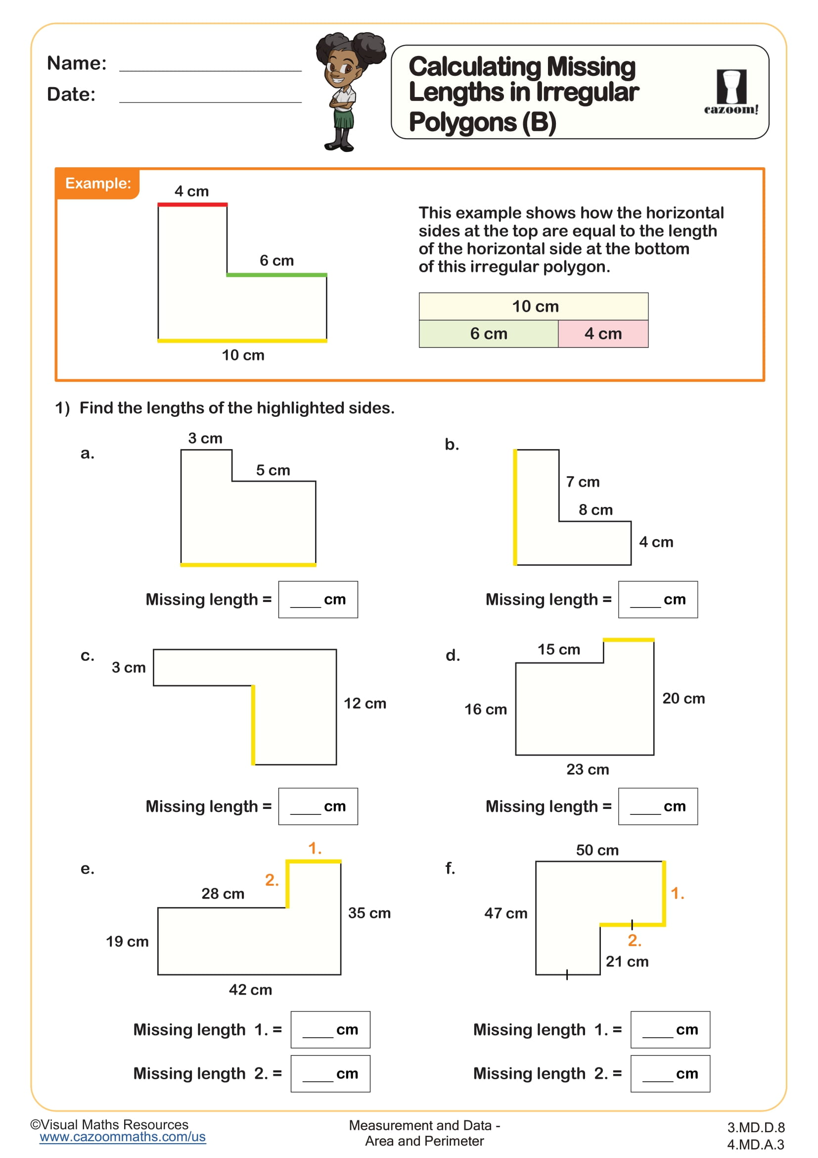 Calculating Missing Lengths in Irregular Polygons (B) Worksheet Suitable for 3rd Grade and 4th Grade Students