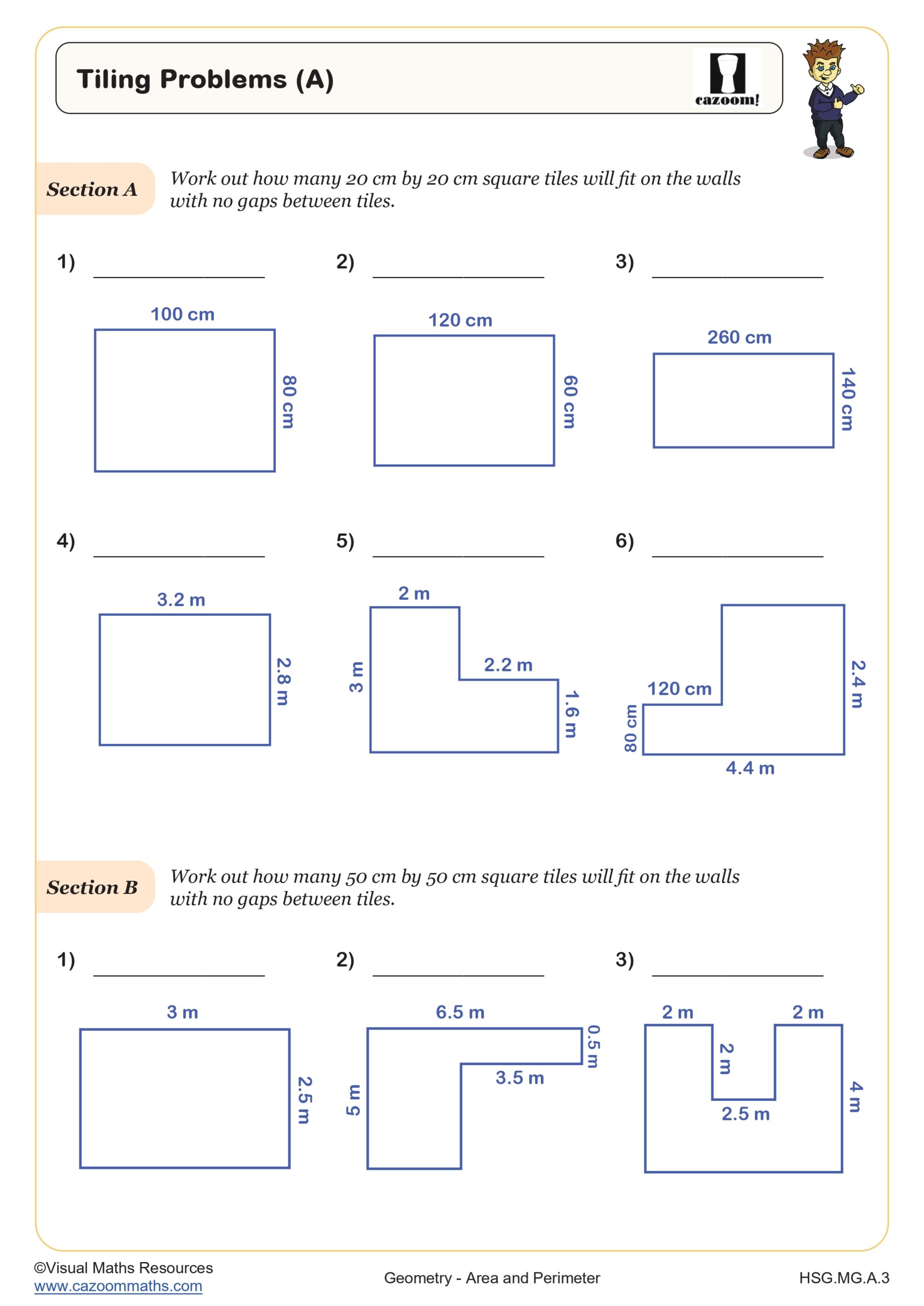 This activity is designed to promote thinking about areas, factors and metric measures. Learners will need to work out the number of tiles of a given size, that can fit in a rectangular wall or a compound shape made from rectangles. Sections A, B, and C ask learners to use square tiles of sizes 20cm, 50cm, and 25cm respectively. Section D then extends the situation to involve rectangular tiles. Section E then provides two real-life problems to solve.