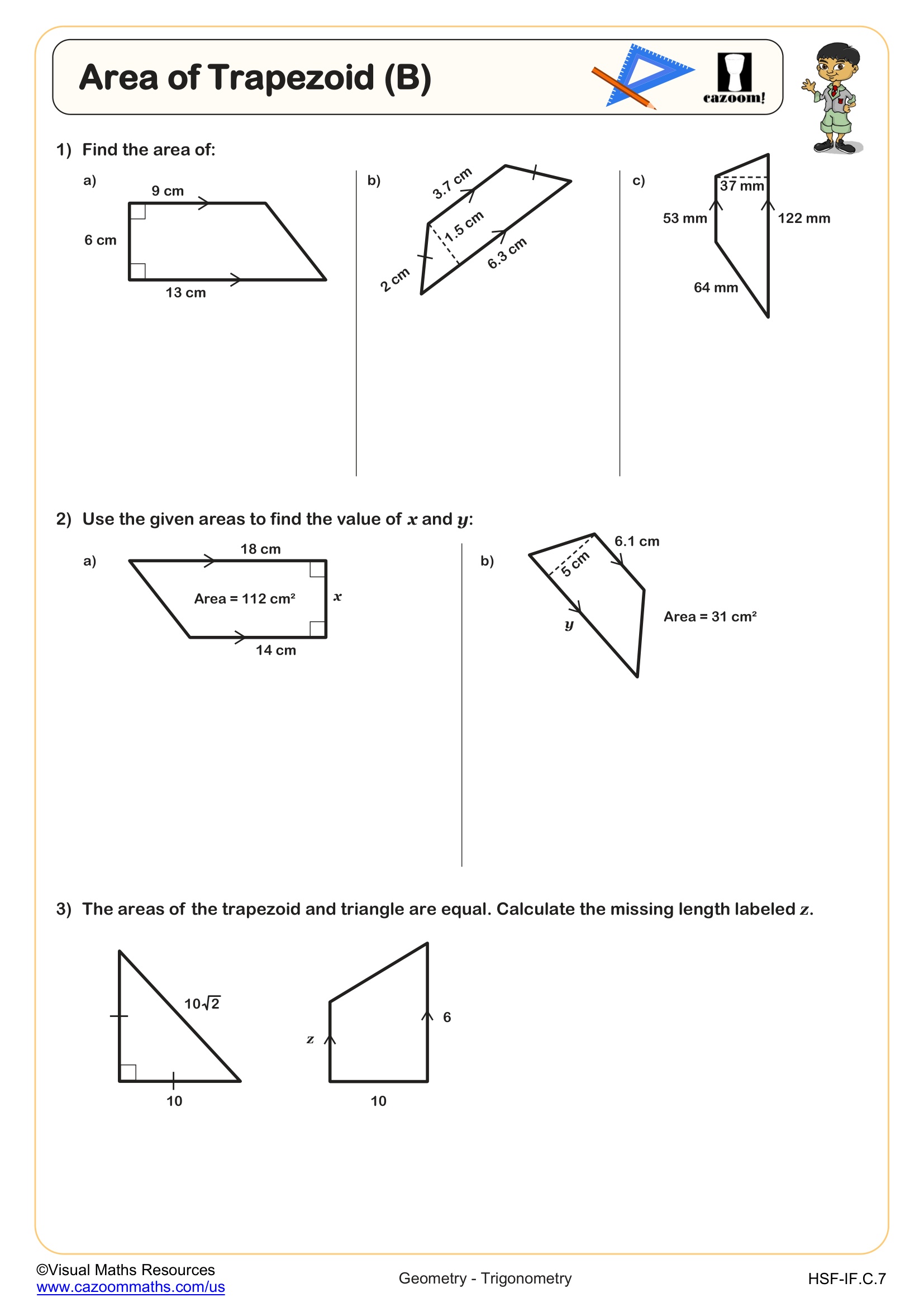 Area of Trapezoid (B) Worksheet Suitable for Students in 6th Grade