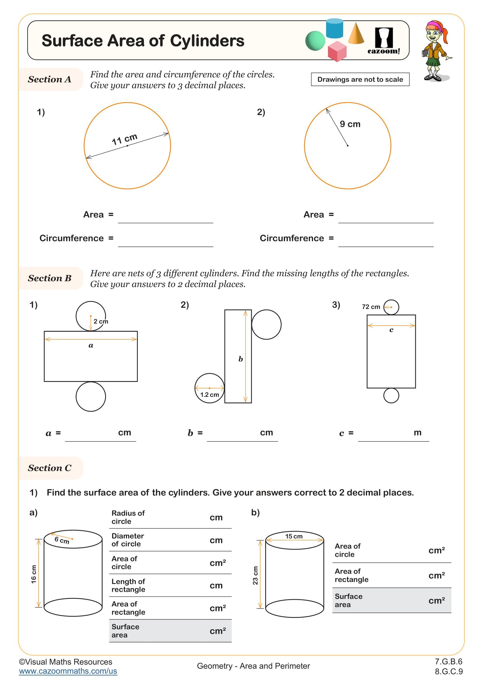Surface Area of Cylinders Worksheet Suitable for Students in 7th Grade and 8th Grade