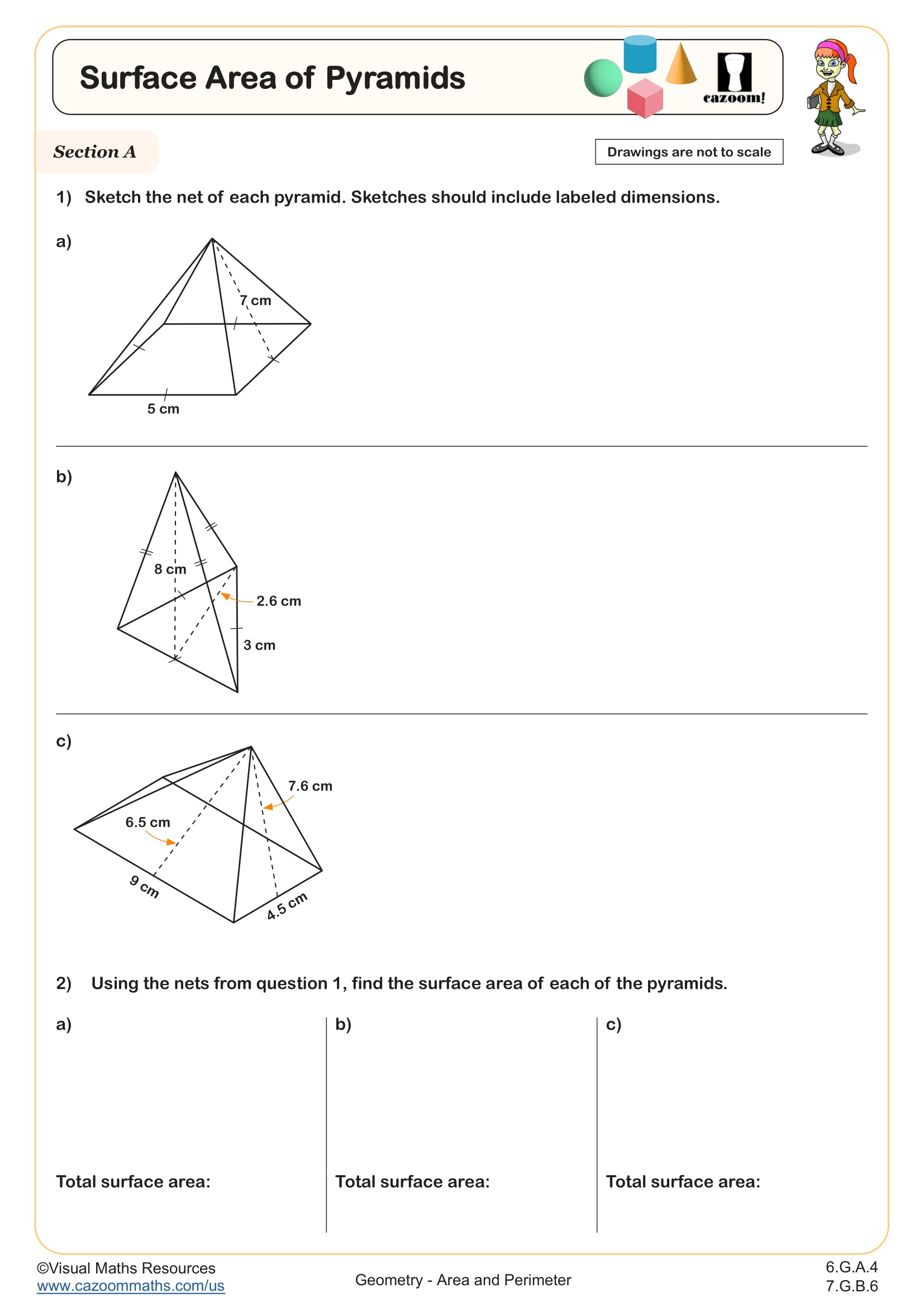 Surface Area of Pyramids Worksheet Suitable for Students in 6th Grade and 7th Grade