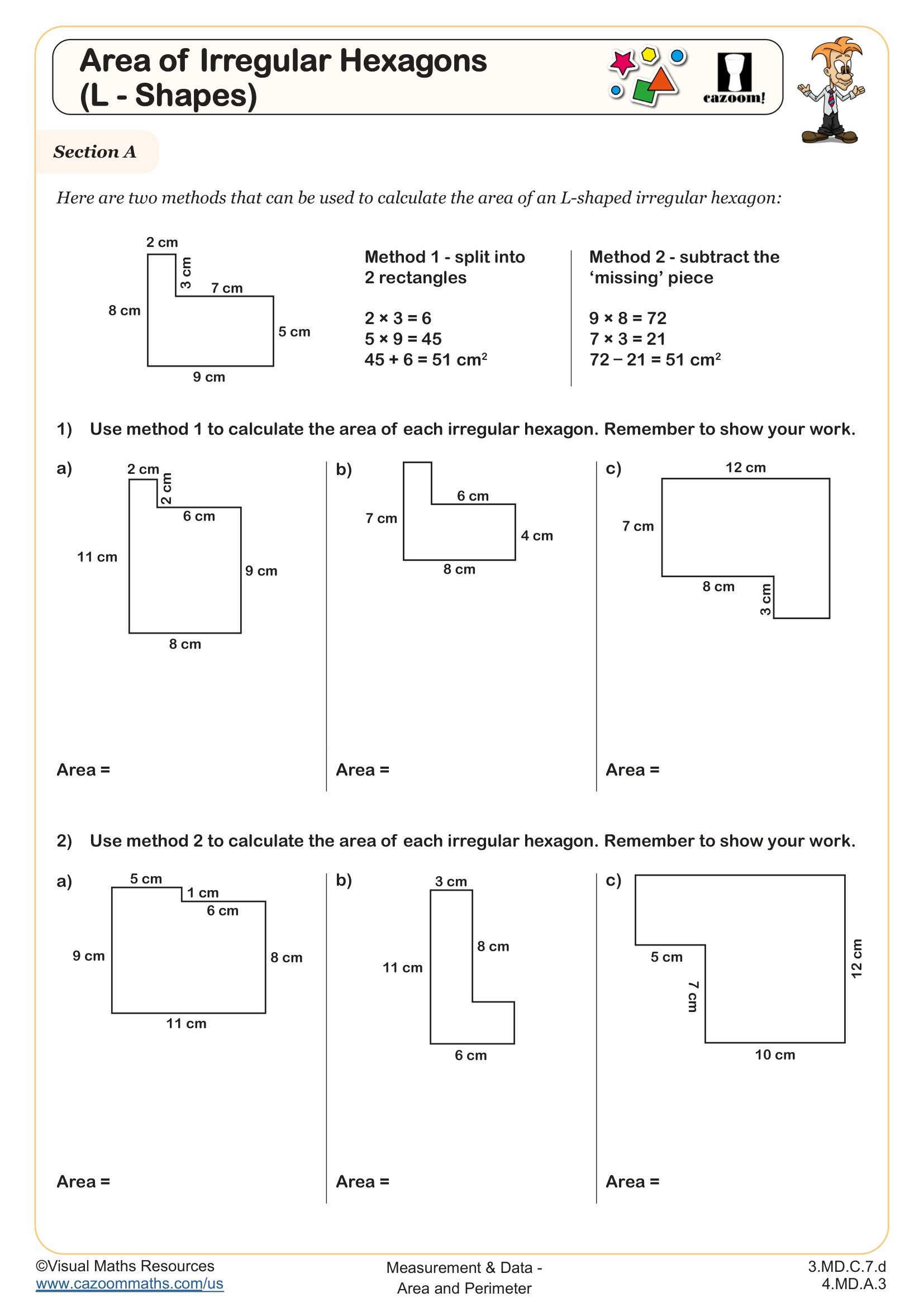 Area of Irregular Hexagons (L - Shapes) Worksheet Suitable for Students in 3rd Grade and 4th Grade
