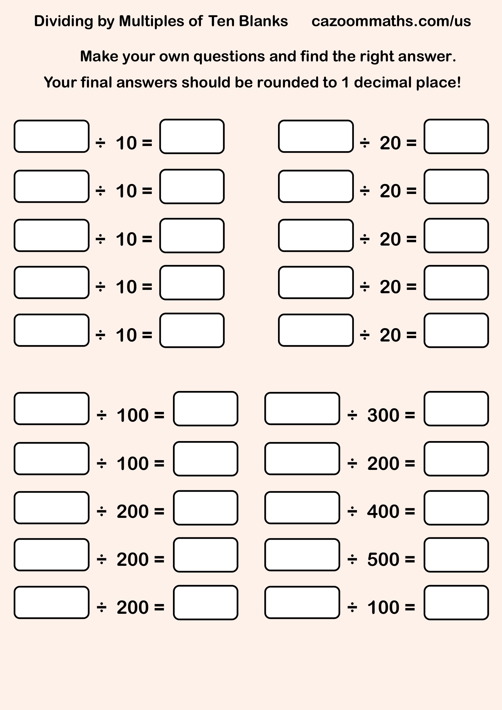 Preview of Dividing by Tens Blanks Harder