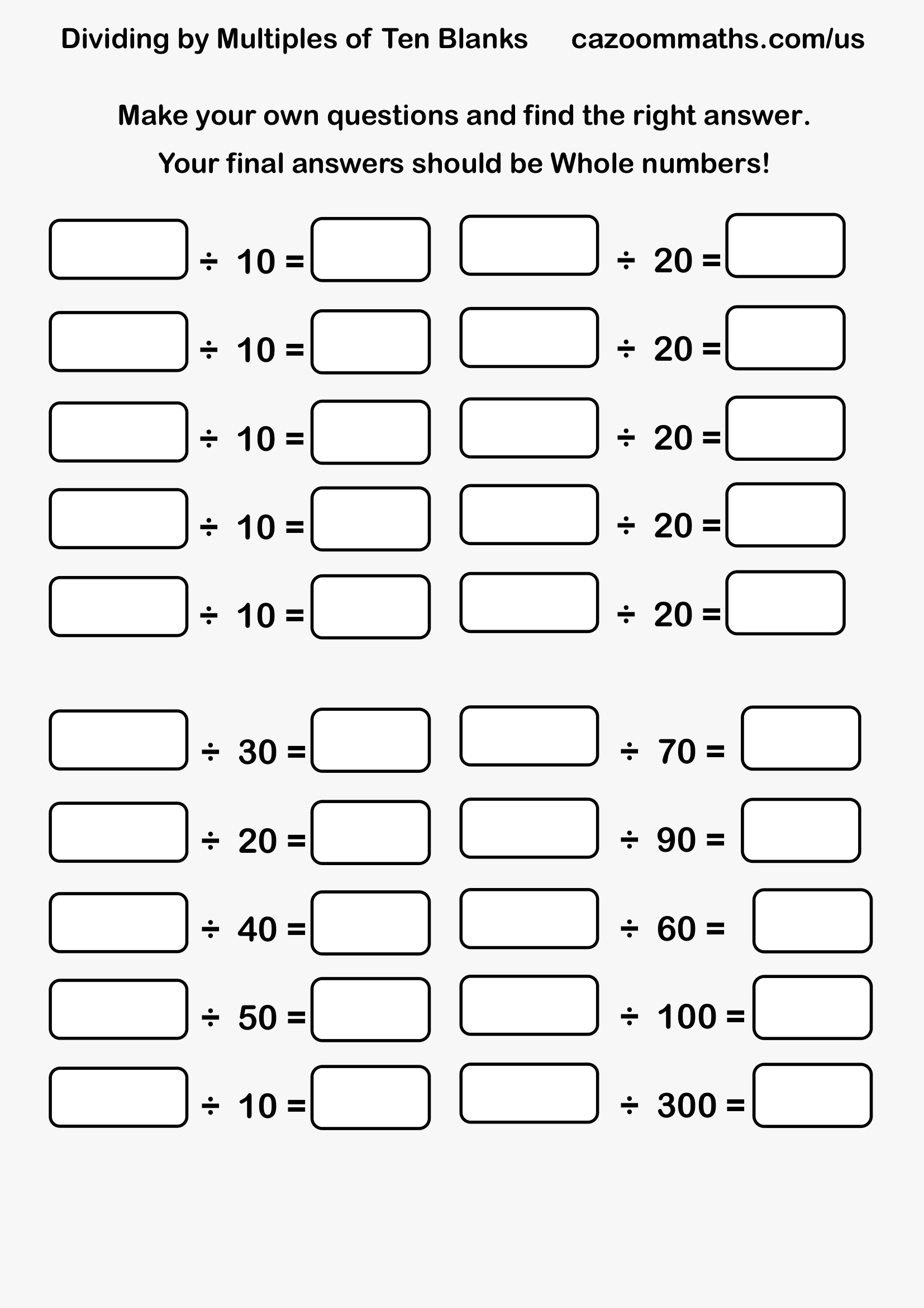 Preview of Dividing by Tens Blanks