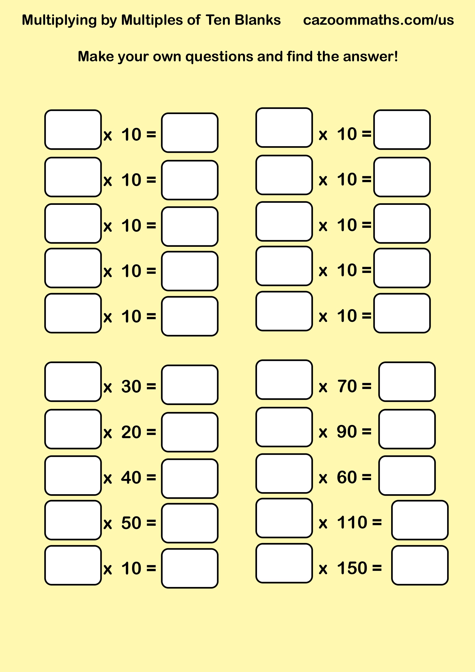 Preview of Multiplying by Ten Blanks