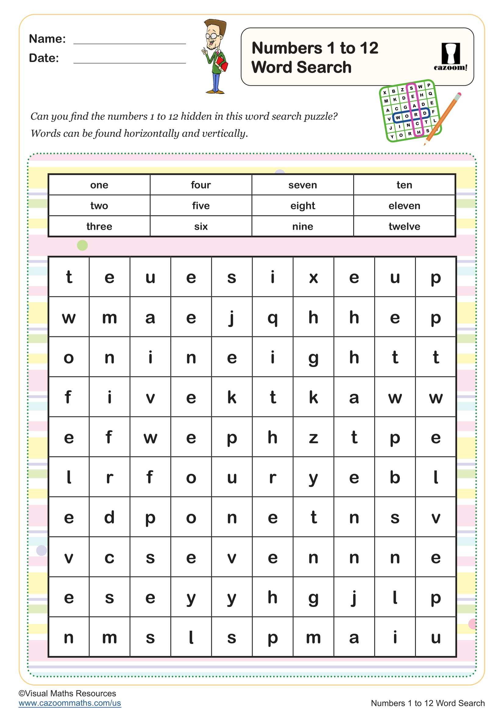 Numbers 1 to 12 Word Search Free Teaching Resource