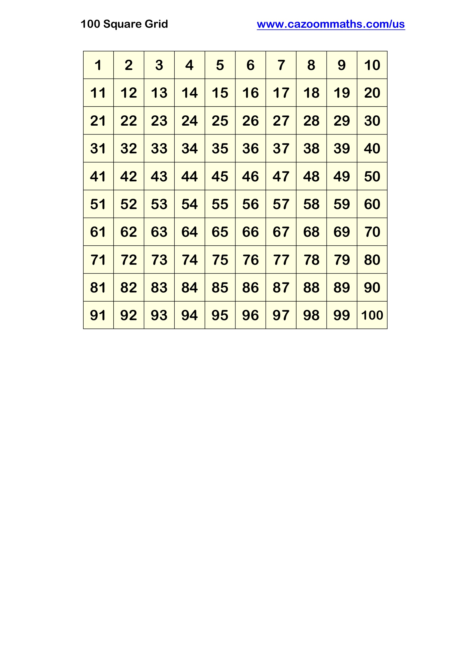 Preview of 100 Square Grid