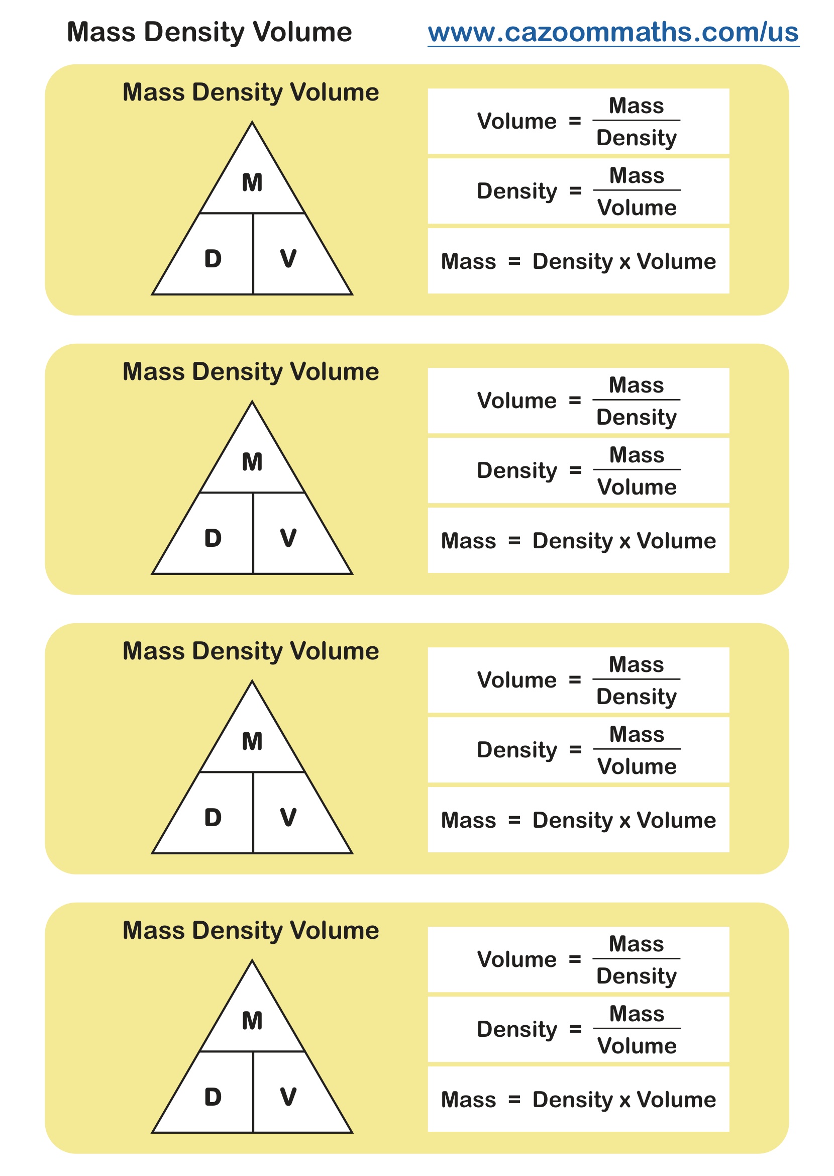 Mass Density Volume Formula Free Teaching Resource