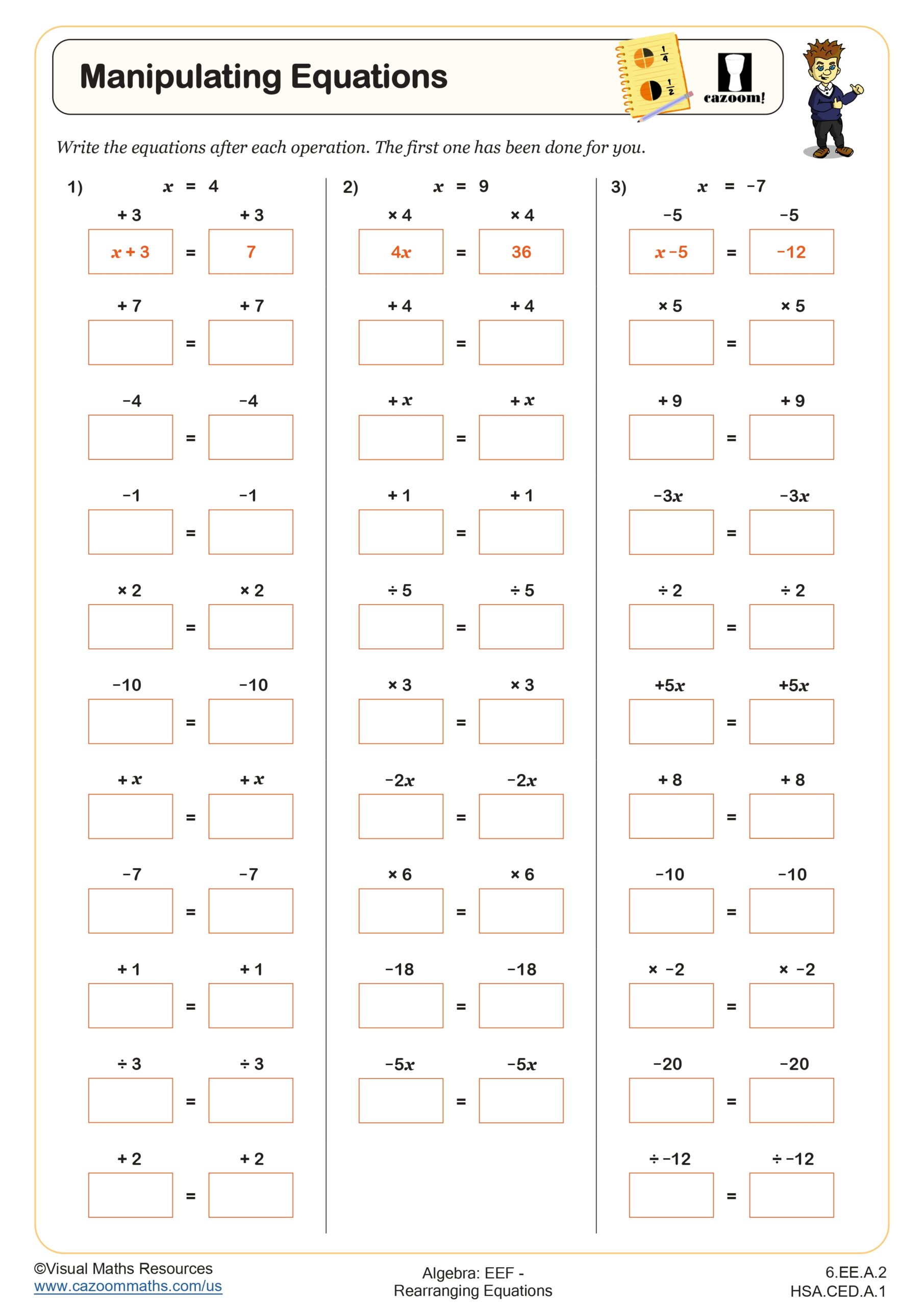 Maniuplating Equations Worksheet suitable for Grade 6 students