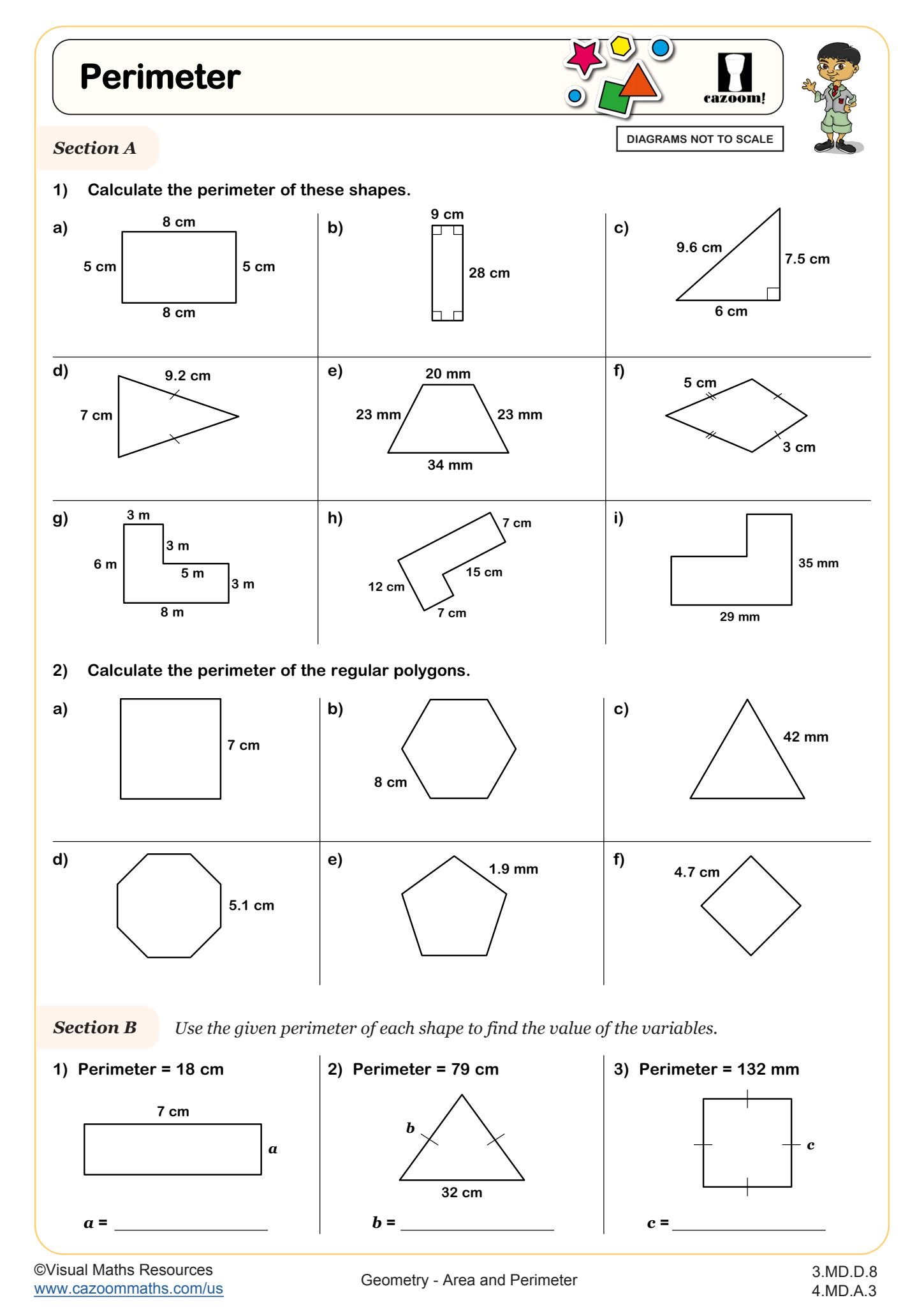 Perimeter Worksheet suitable for 3rd Grade and 4th Grade students