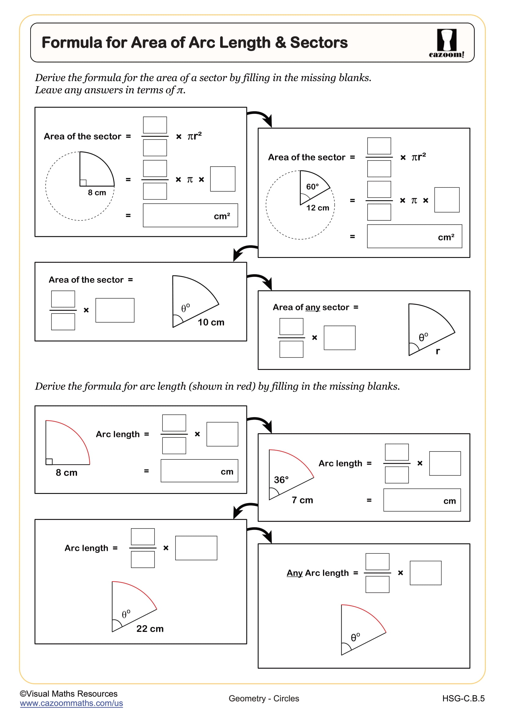 Formula for Area of Arc Length & Sectors worksheet