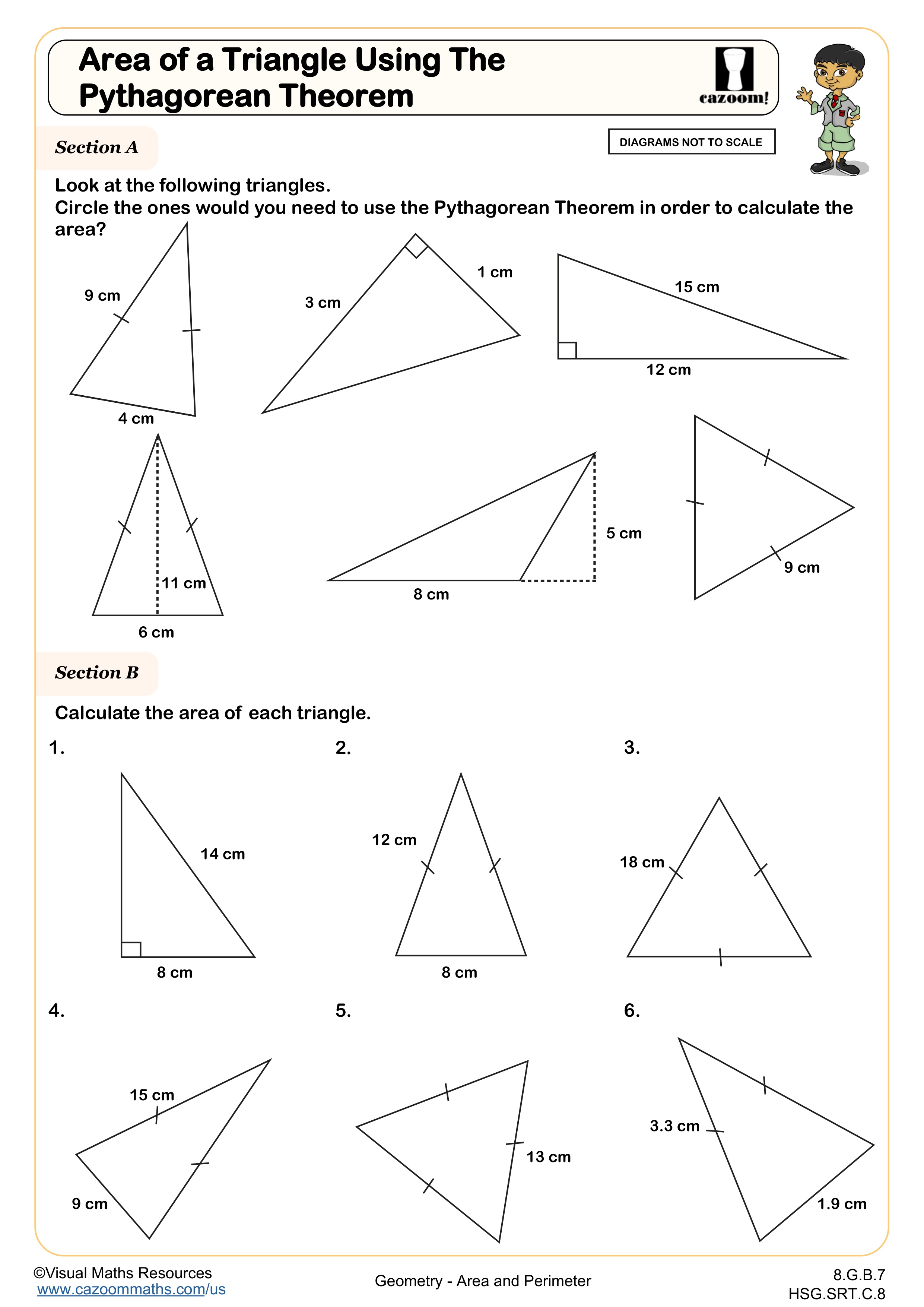 Area of a Triangle Using The Pythagorean Theorem worksheet