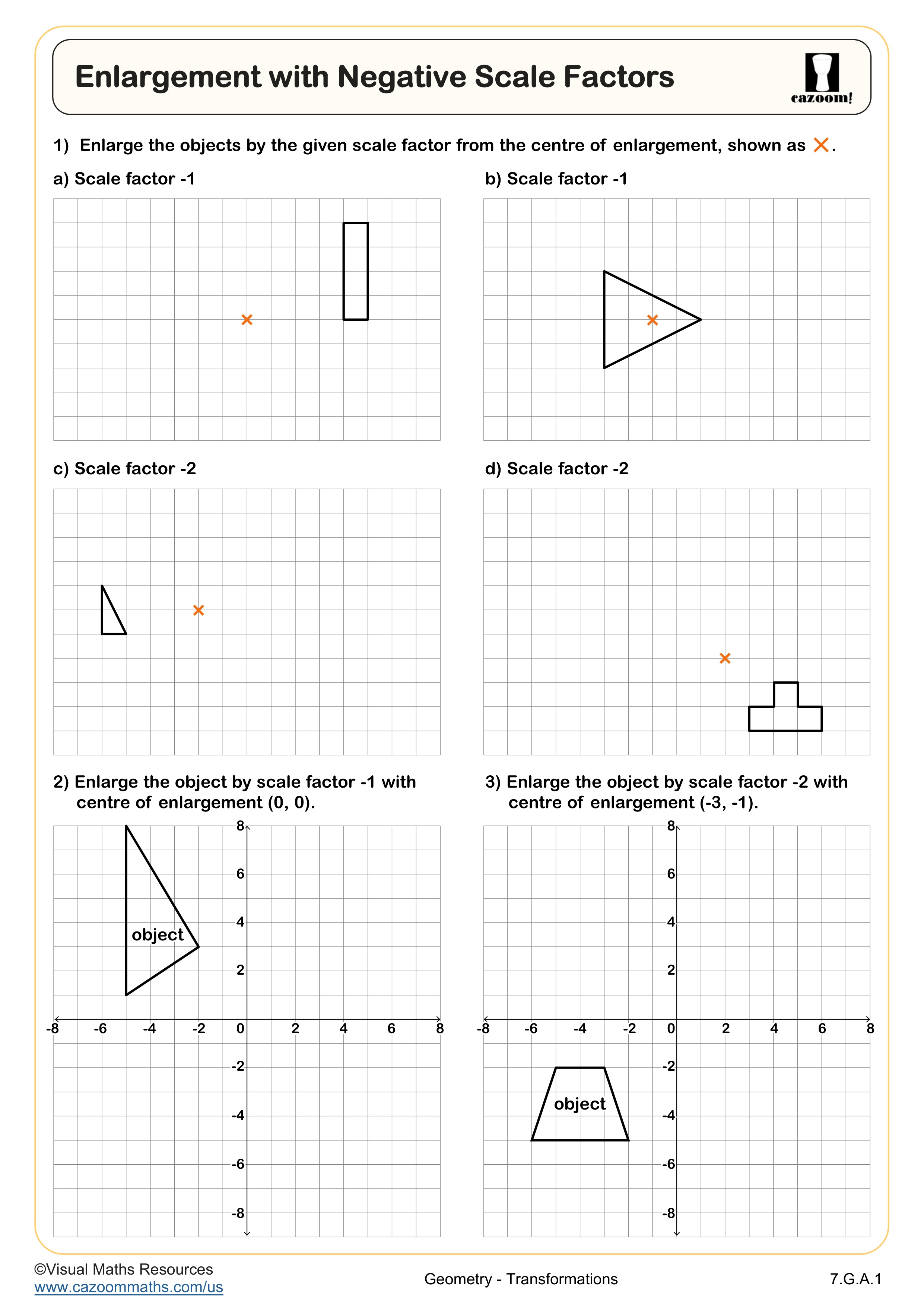 Enlargement with Negative Scale Factors Worksheet suitable for 7th Grade students