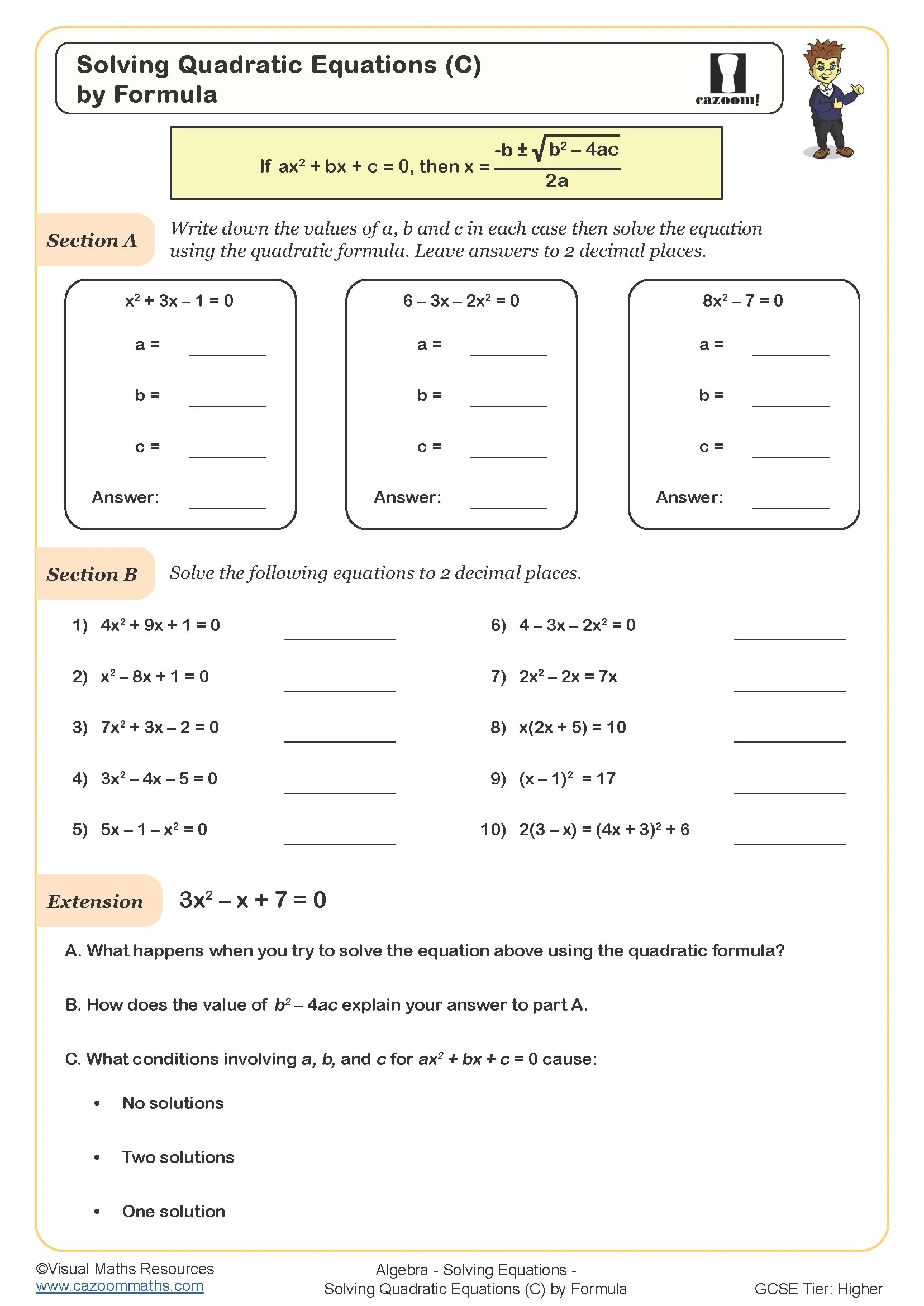 Year 11 Maths Worksheets Solving Quadratic Equations Worksheet