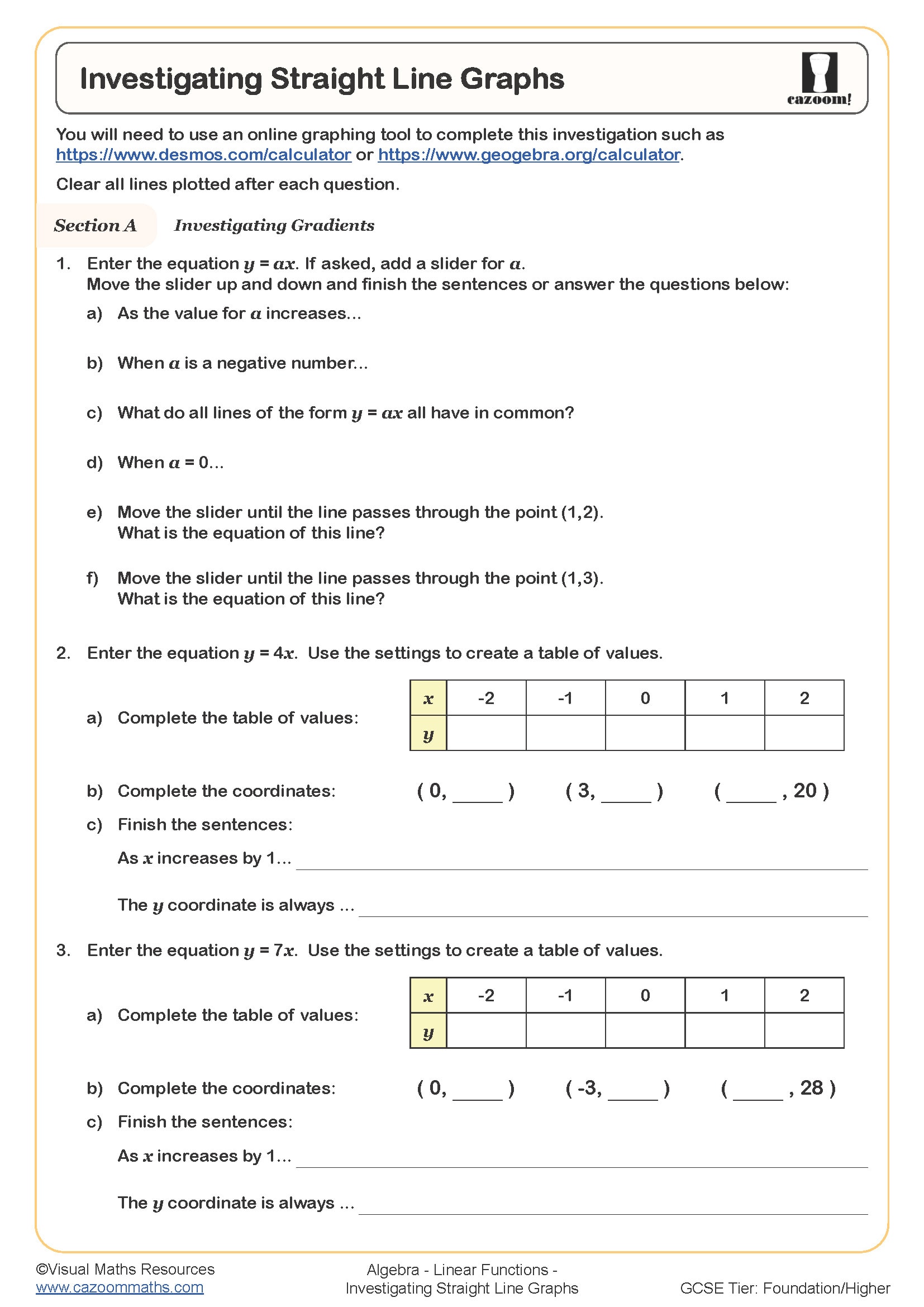 Preview of Investigating Straight Line Graphs