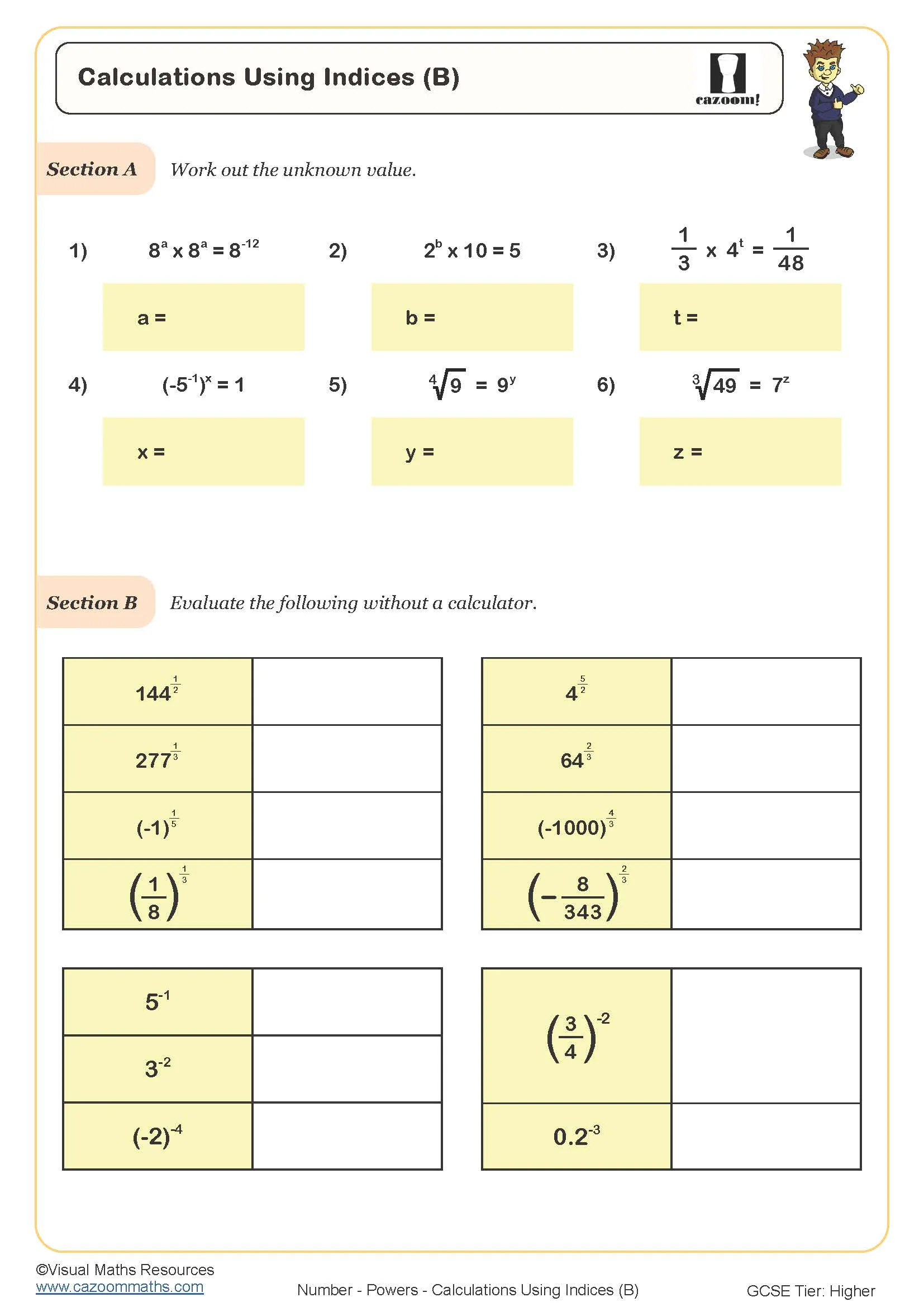 Calculations Using Indices B Worksheet 1