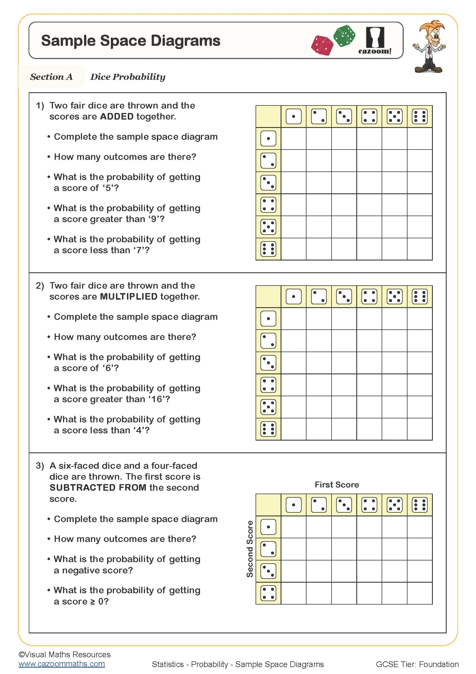Sample Space Diagrams Worksheet