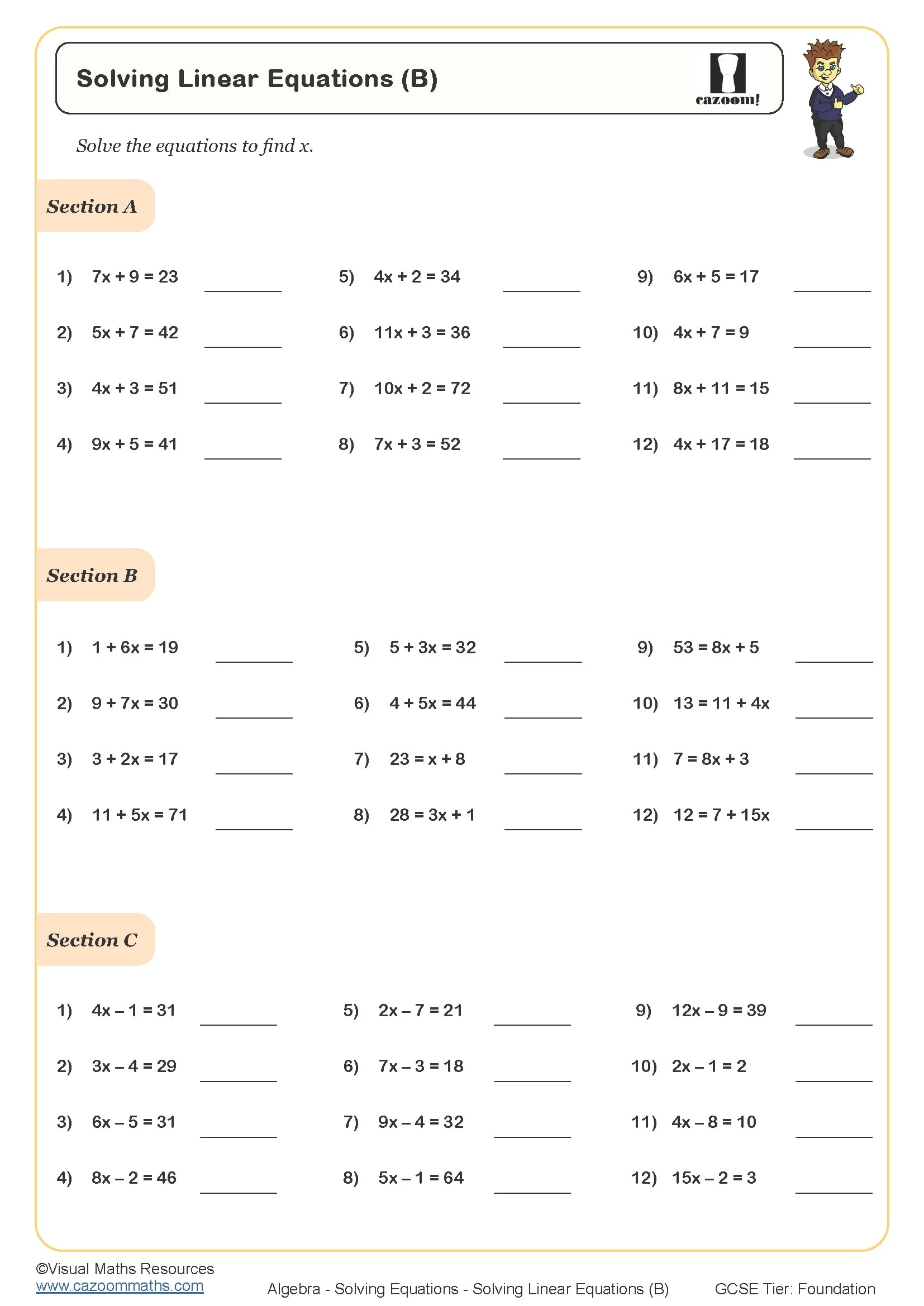 Solving Linear Equations B Worksheet