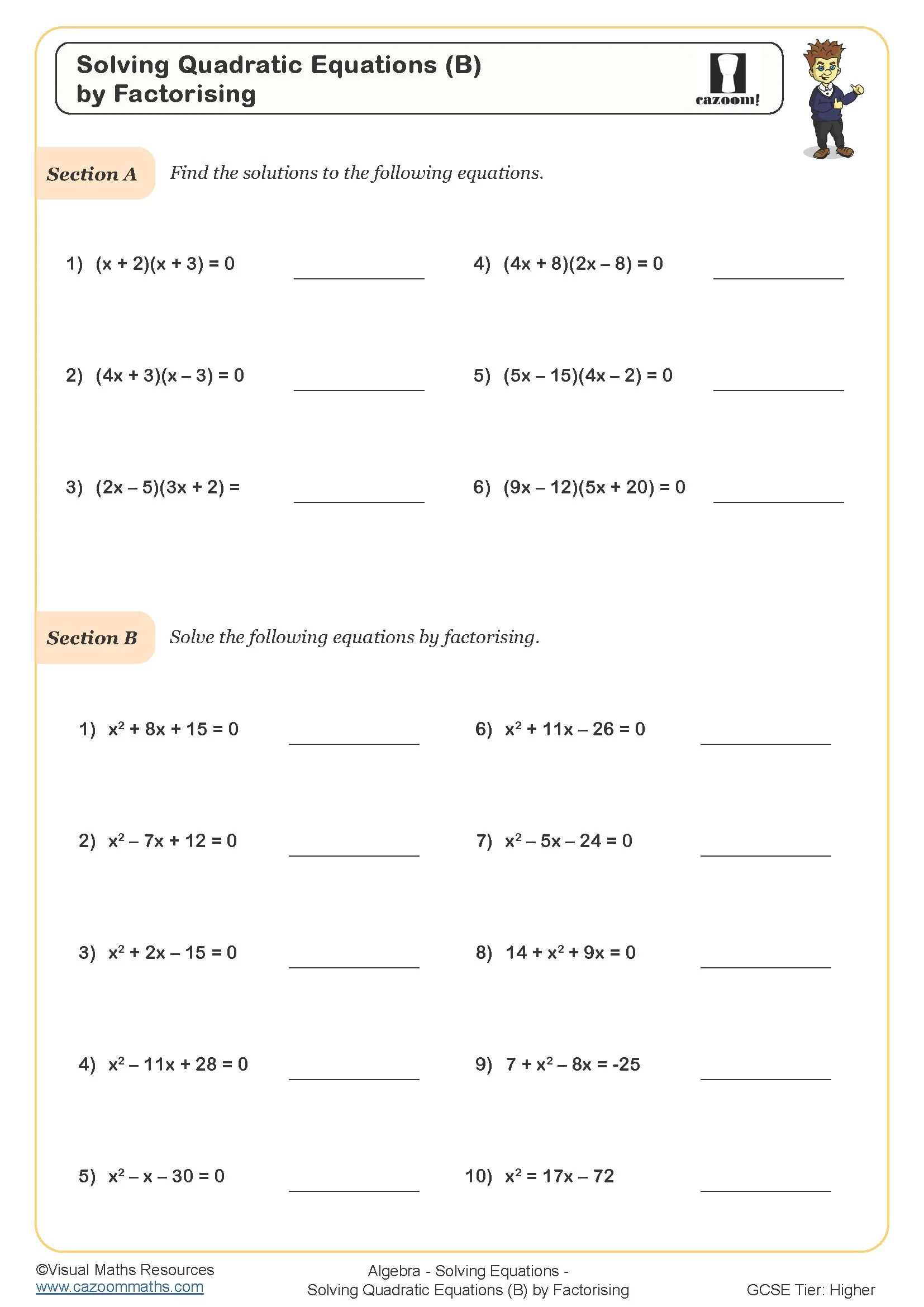 Solving Quadratic Equations B By Factorising Worksheet
