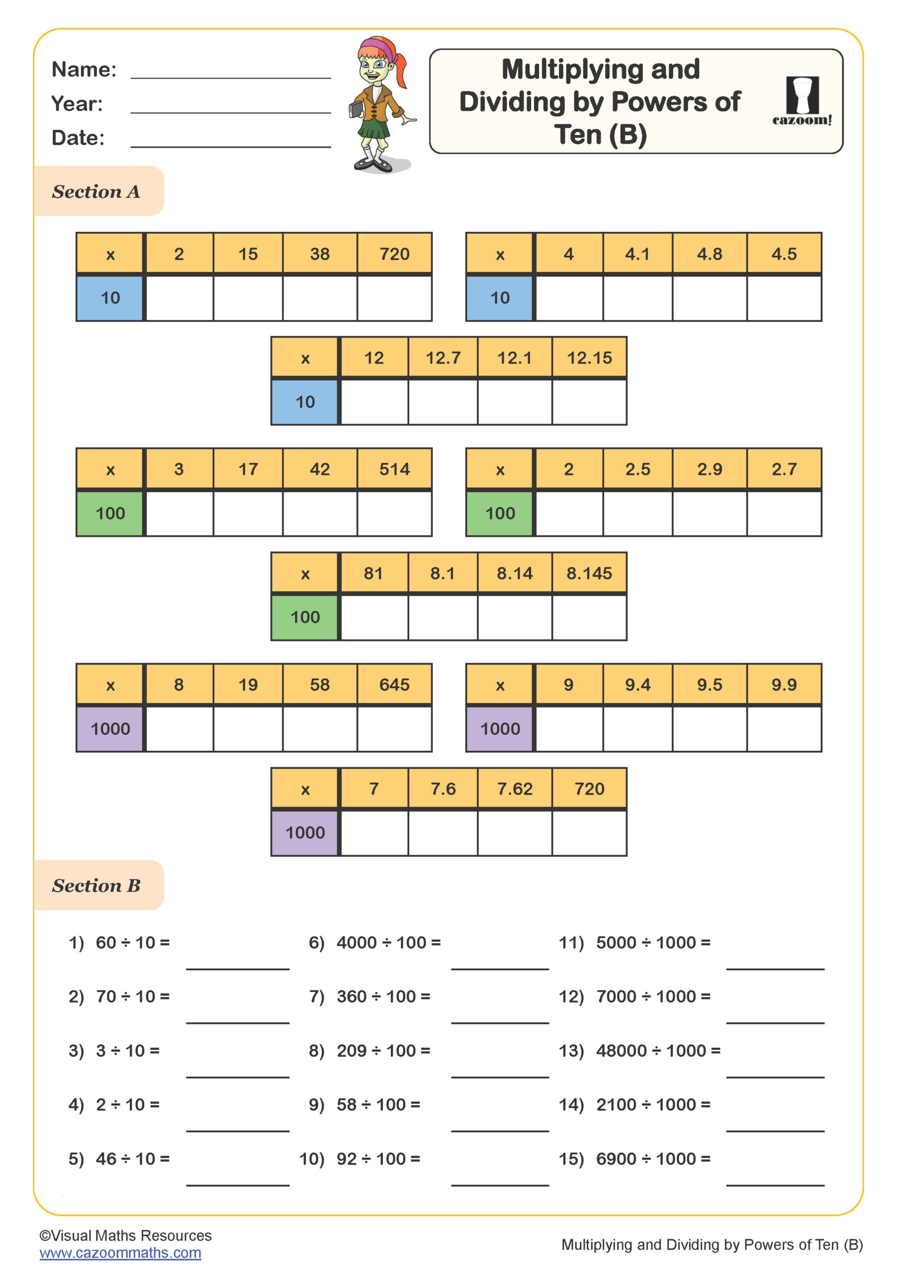 Multiplying and Dividing by Powers of Ten (B) Worksheet Multiplying & Dividing by Powers of Ten Worksheet perfect for students in year 5