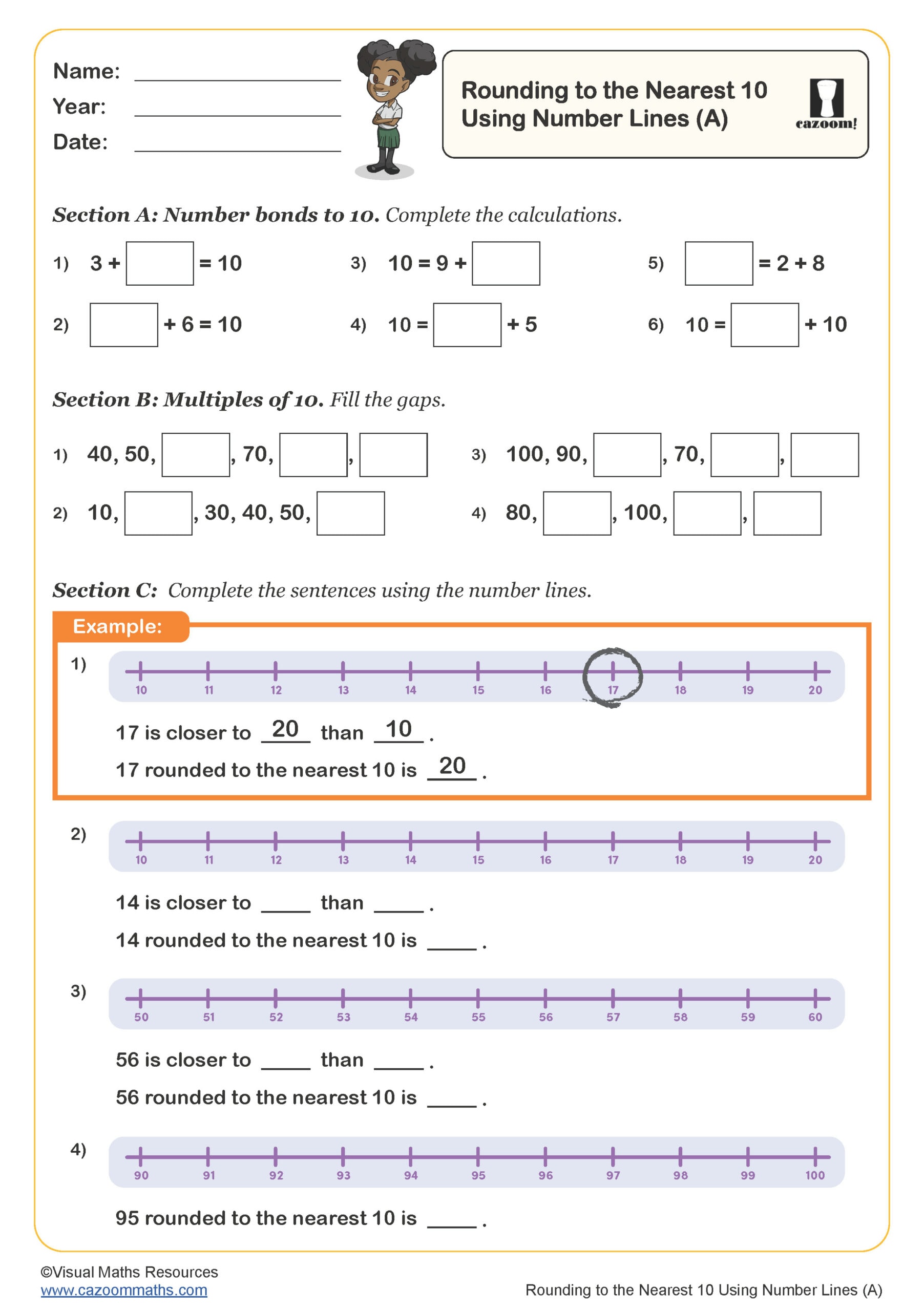 Preview of Rounding Numbers to the Nearest 10 Using Number Lines (A)