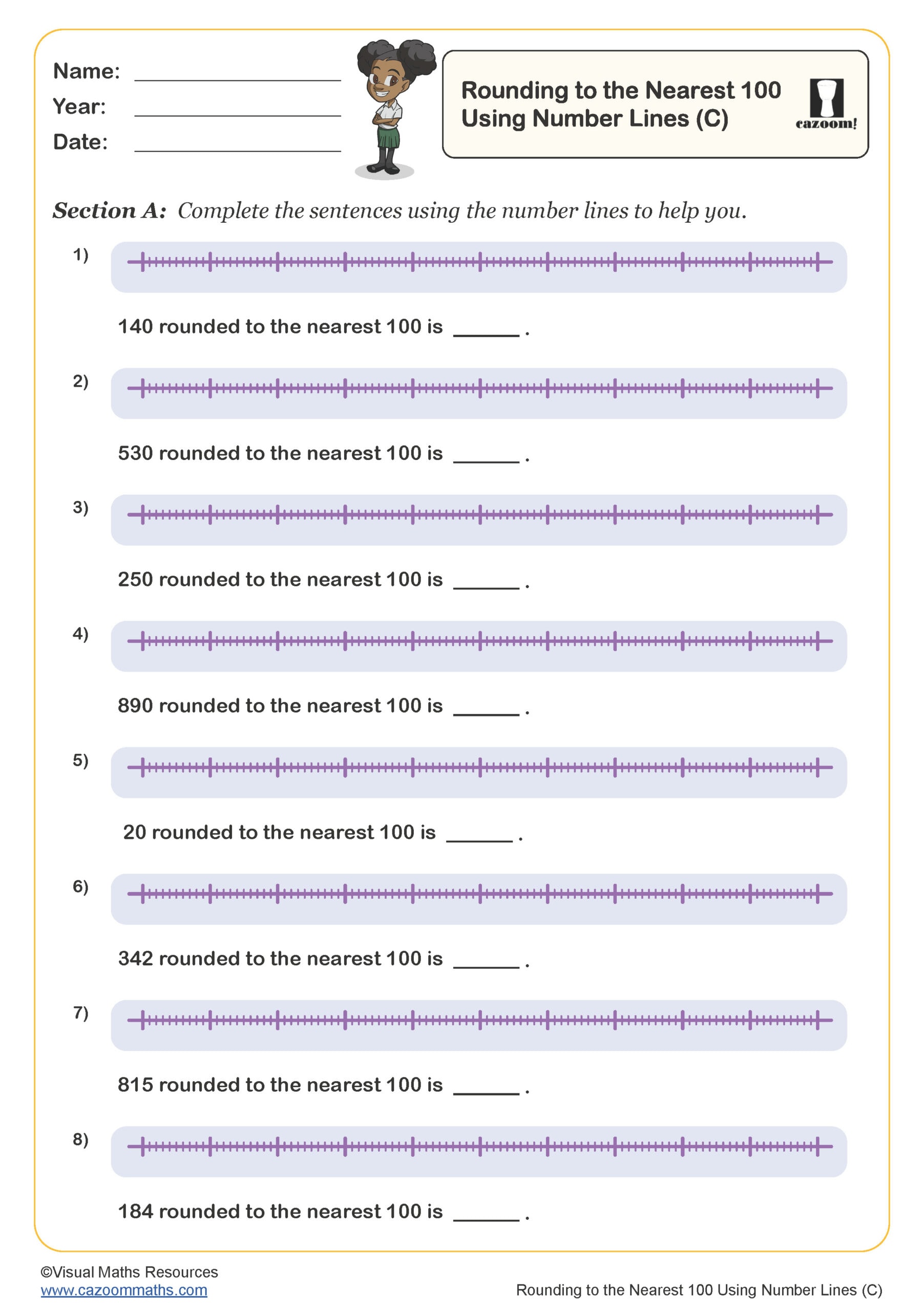 Preview of Rounding Numbers to the Nearest 100 Using Number Lines (C)