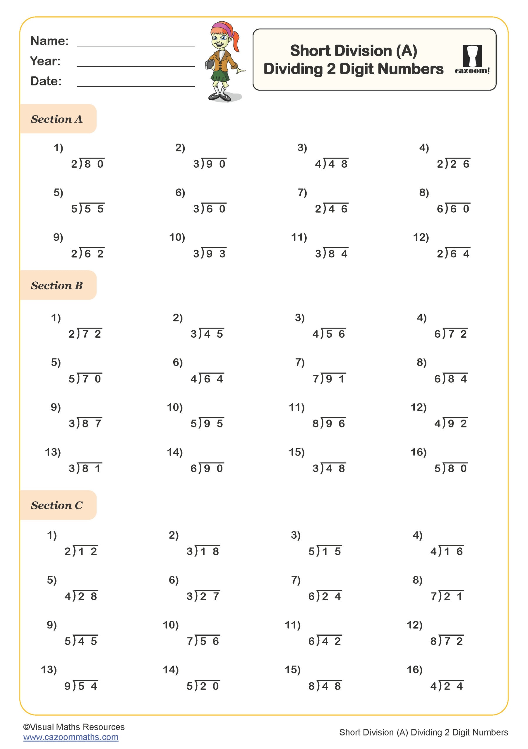 Preview of Short Division (A) Dividing 2 Digit Numbers