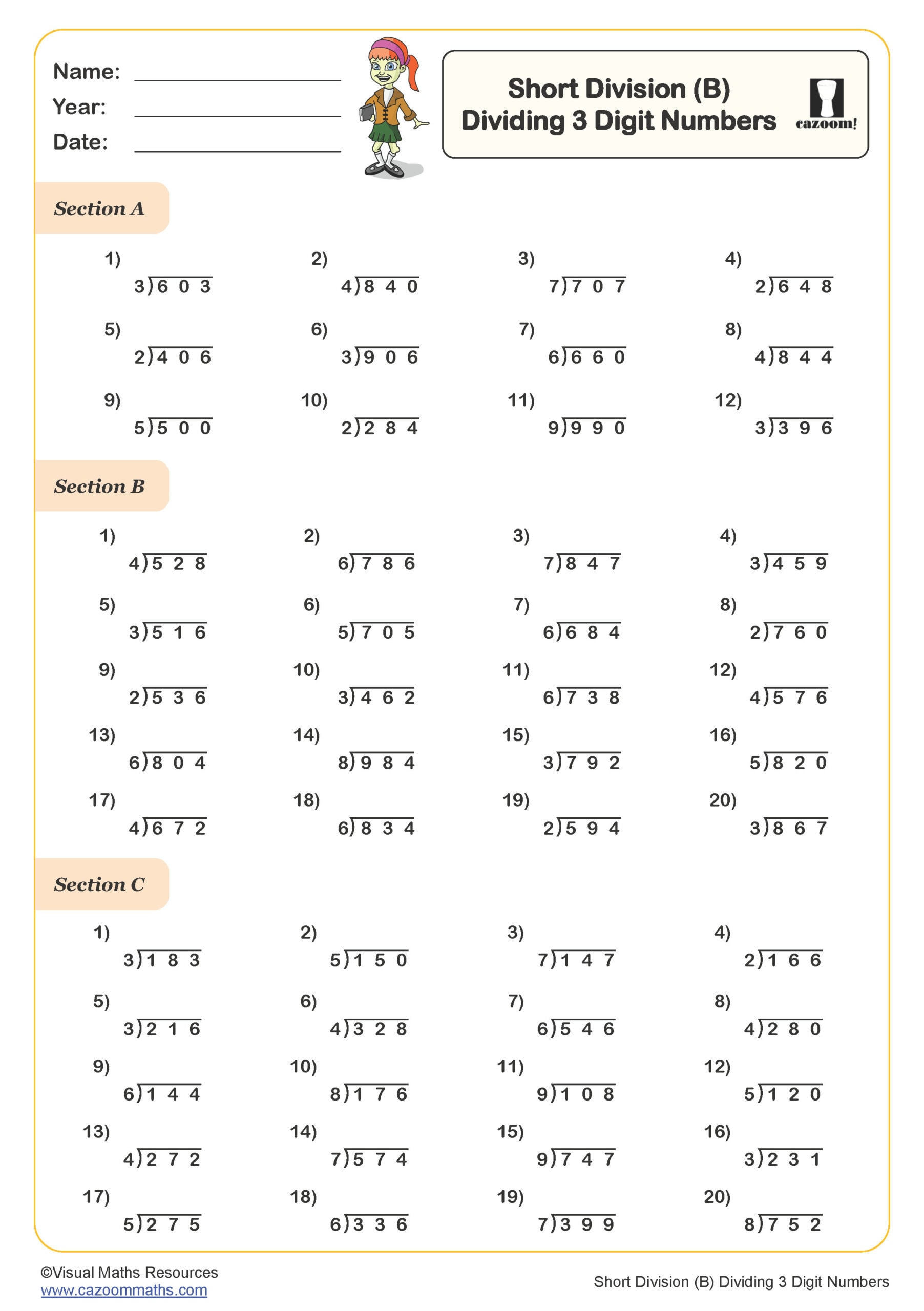 Preview of Short Division (B) Dividing 3 Digit Numbers