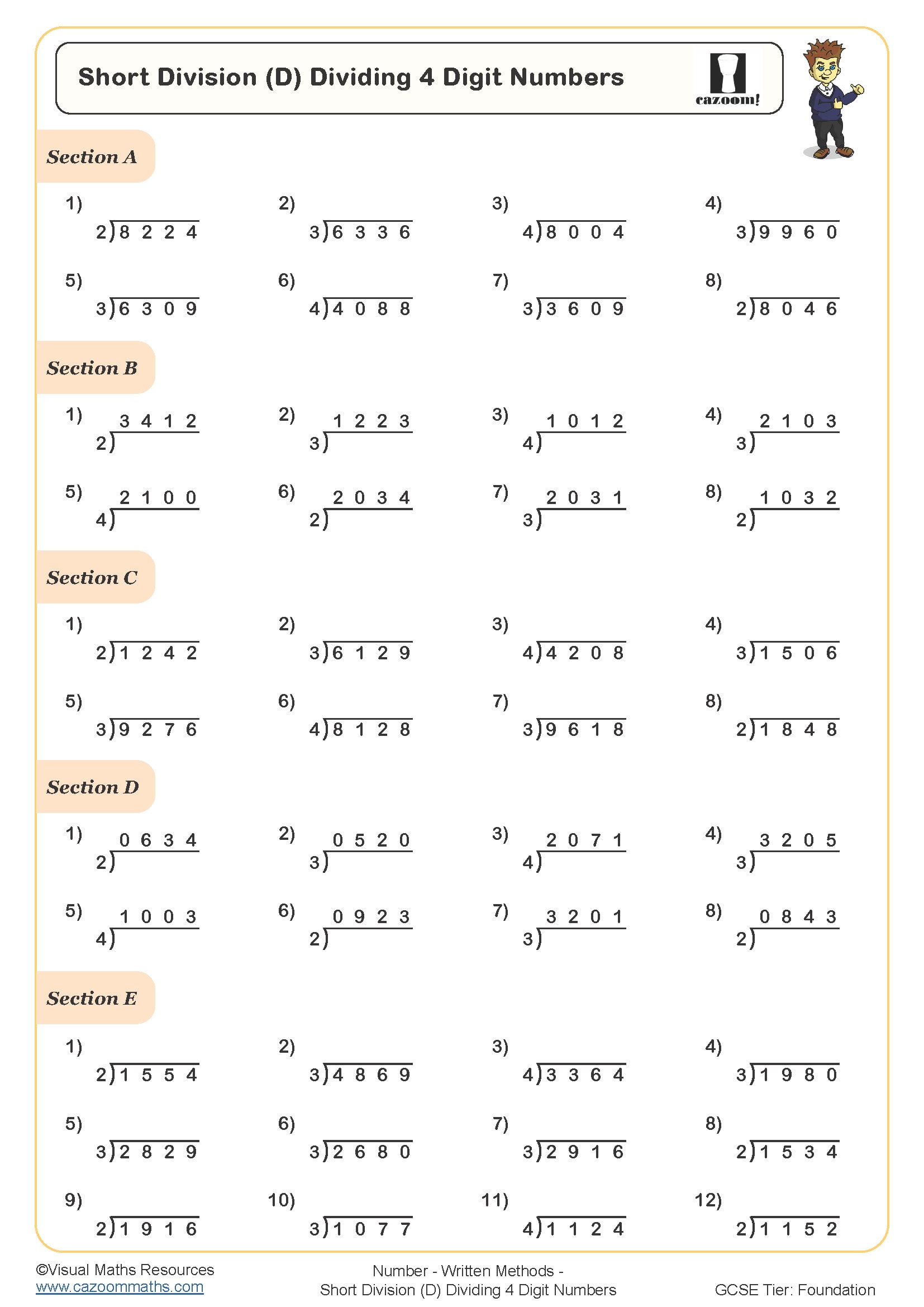 Short Division (D) Dividing 4 Digit Numbers Worksheet Short Division Dividing 4 Digit Numbers Worksheet perfect for students in year 5