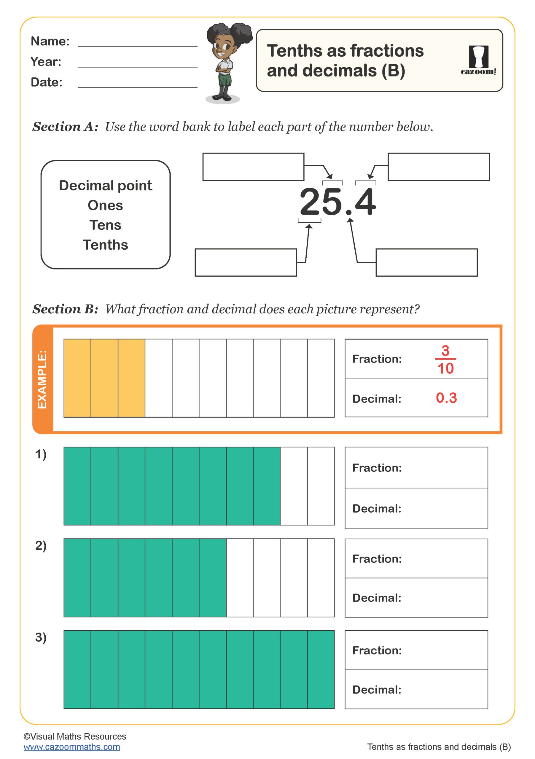 Preview of Tenths as Fractions and Decimals (B)