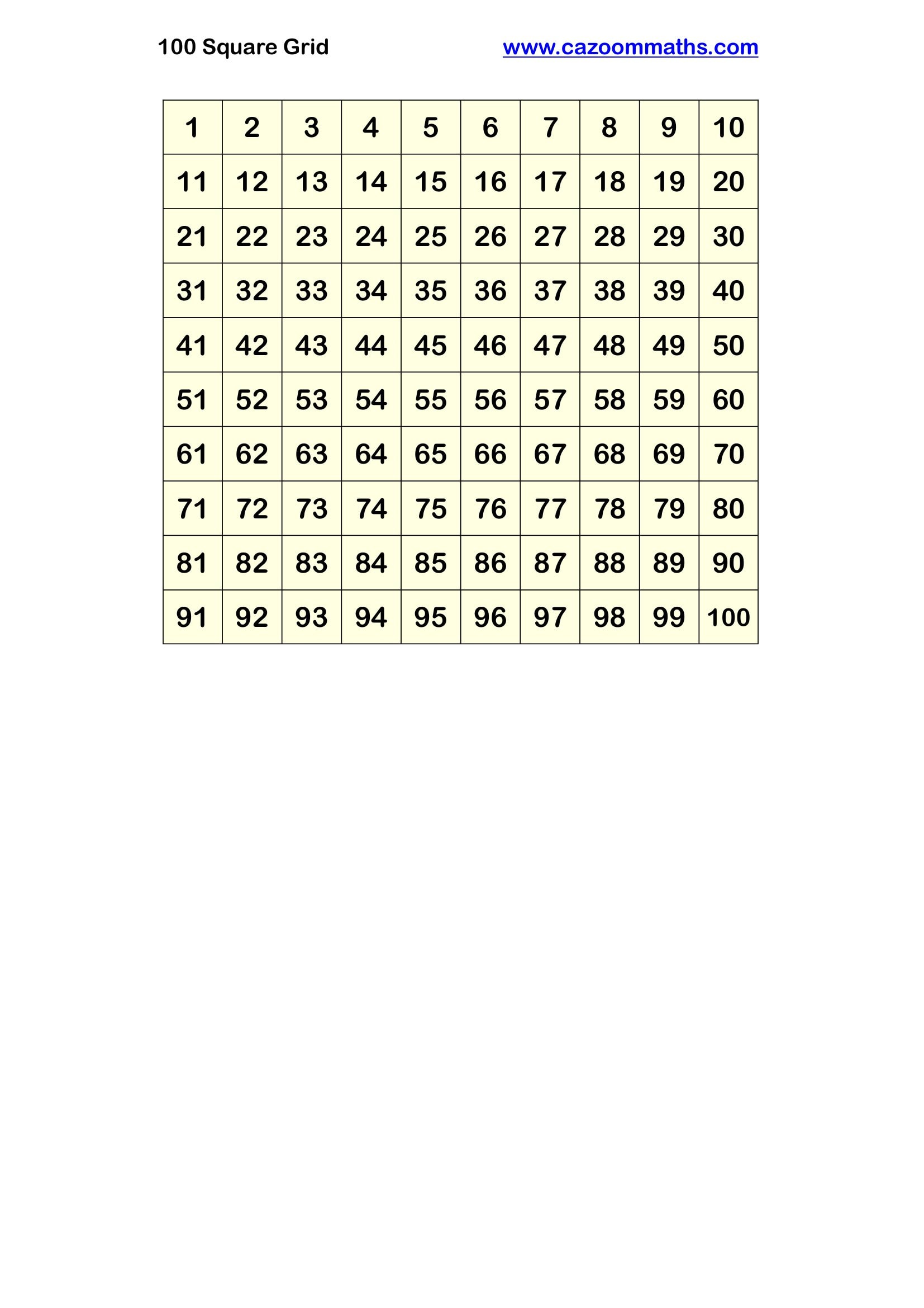 Preview of 100 Square Grid