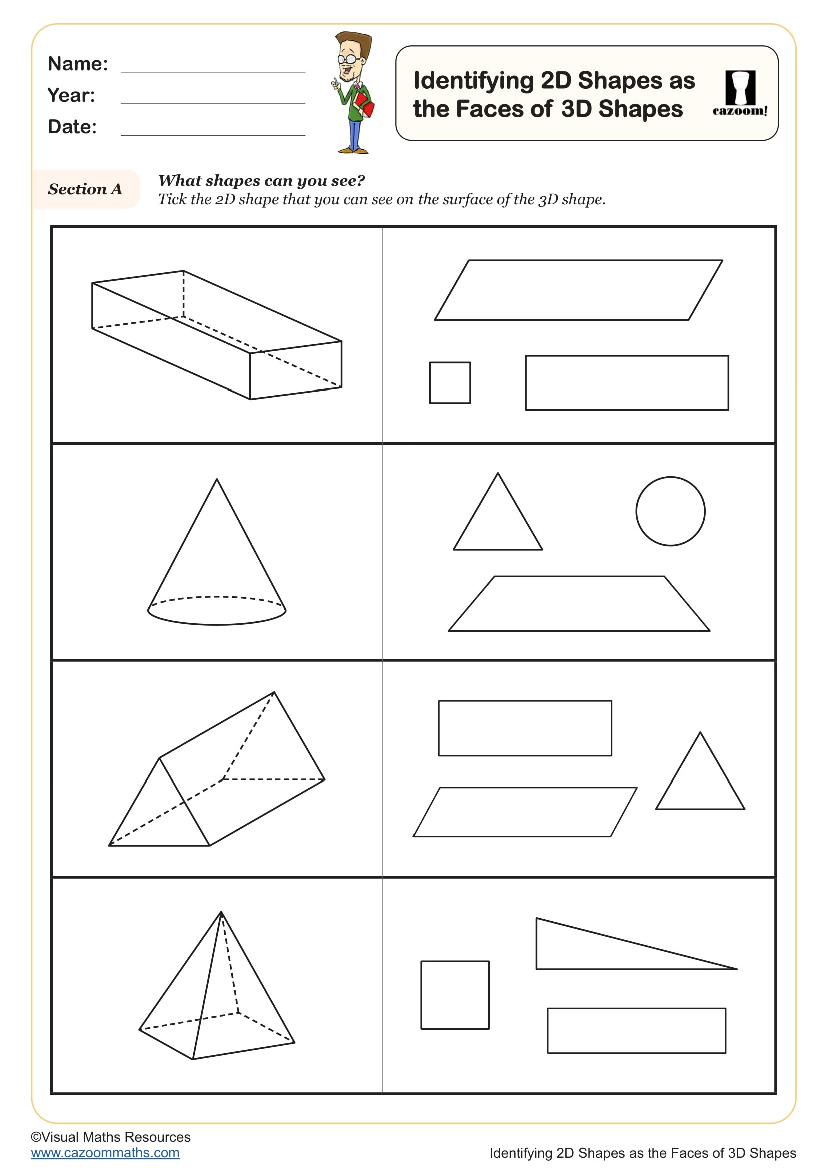 Cazoom-Maths-Identifying-2D-Shapes-as-the-Faces-of-3D-Shapes Identifying 2D Shapes as the Faces of 3D Shapes Worksheet for Year 1
